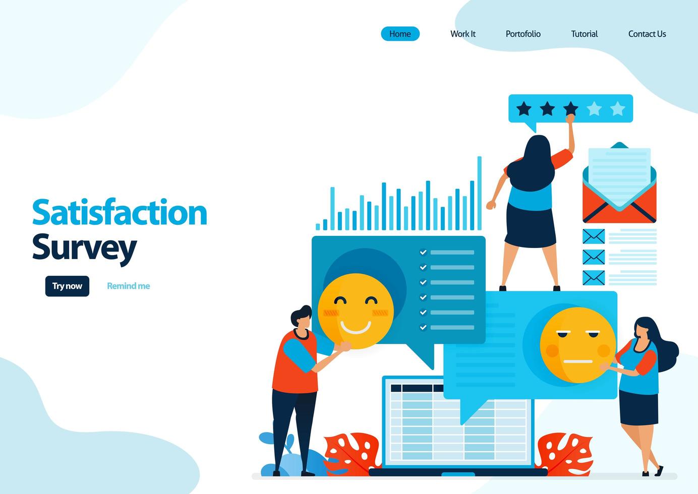 Plantilla de página de destino de encuestas de satisfacción de emoticonos. otorgar calificación y estrellas a los servicios de aplicaciones. buenos comentarios con emoticonos. ilustración para banner, ui ux, sitio web, web, aplicaciones móviles, folleto, tarjeta vector