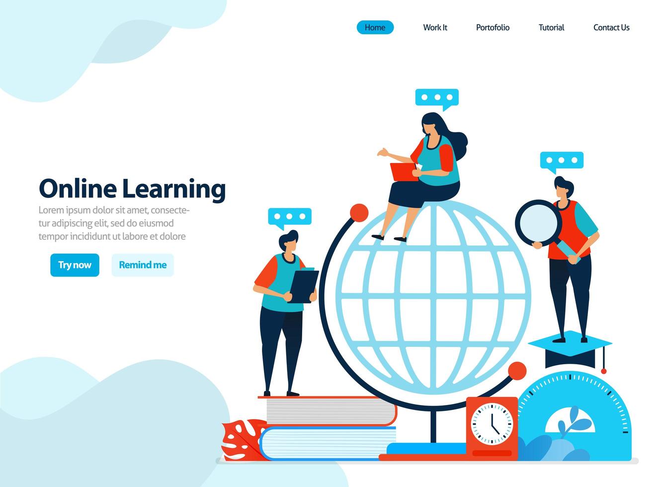 website design of online learning and digital education. distance learning with internet and innovation. Flat illustration for landing page template, ui ux, website, mobile app, flyer, brochure, ads vector