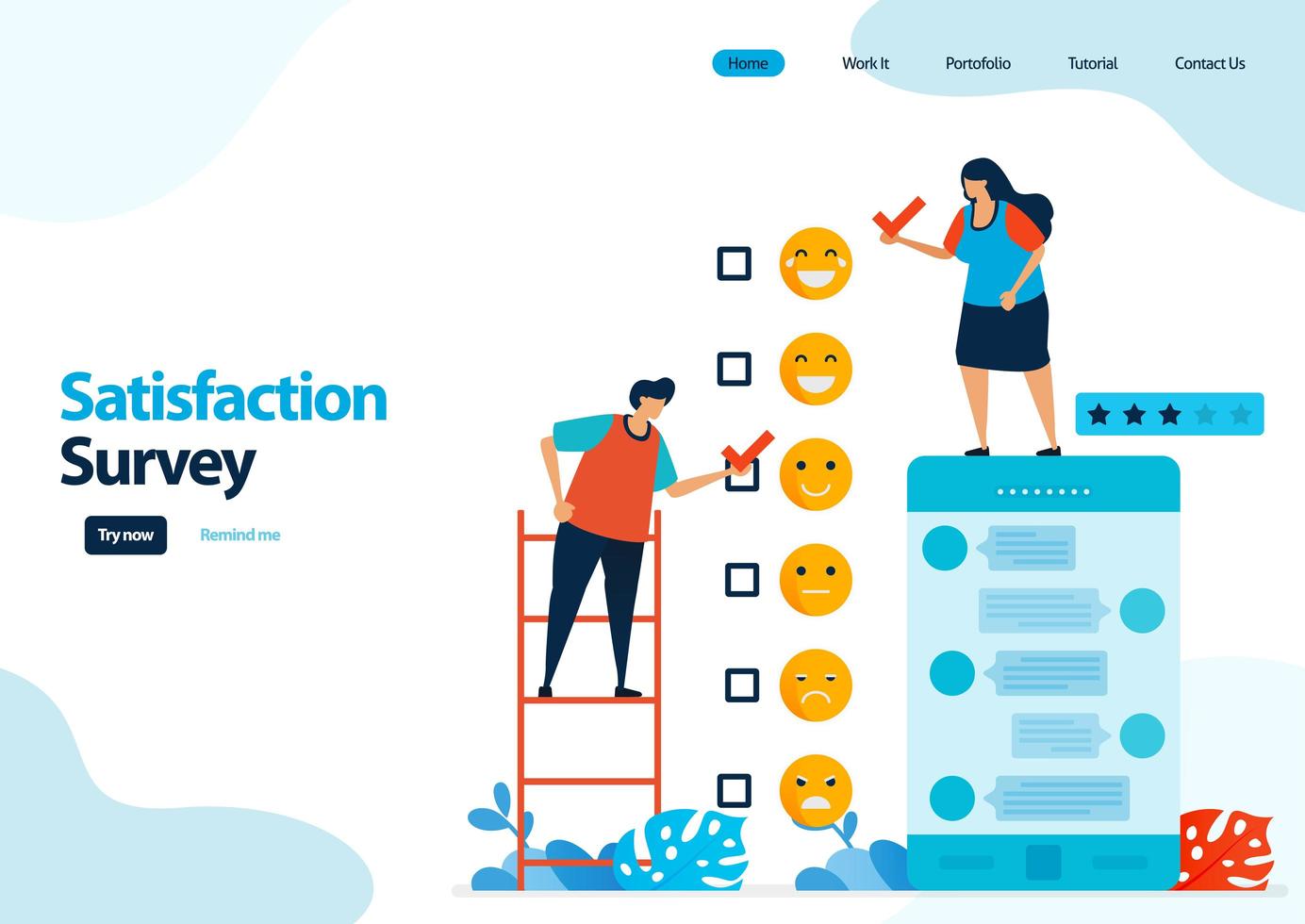 Plantilla de página de destino de encuestas de satisfacción de emoticonos. otorgar calificación y estrellas a los servicios de aplicaciones. buenos comentarios con emoticonos. ilustración para banner, ui ux, sitio web, web, aplicaciones móviles, folleto, tarjeta vector