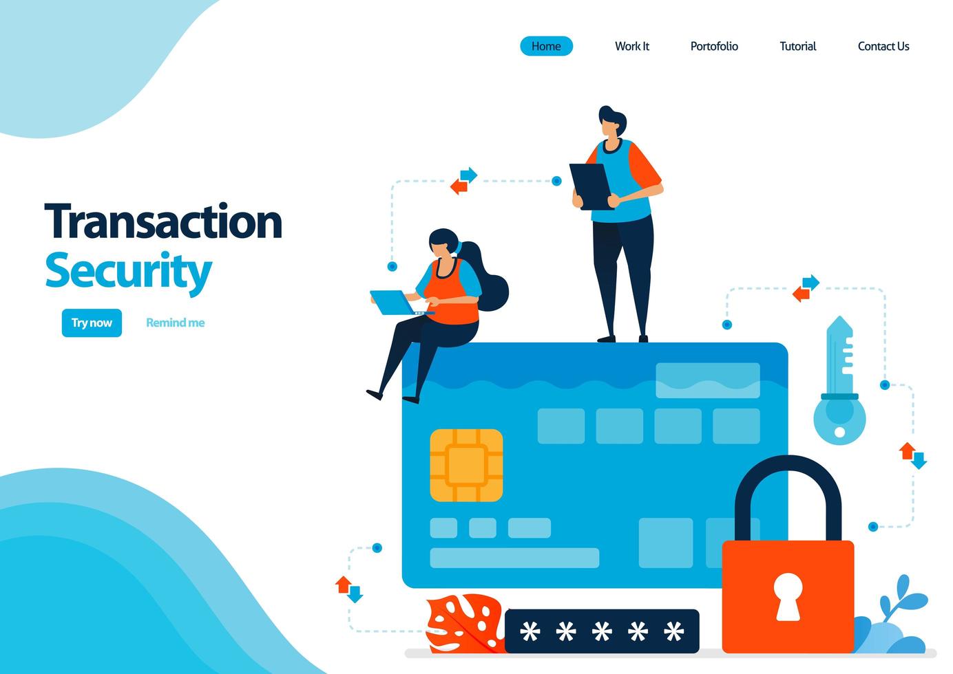 landing page template of secure transactions using credit cards and banking facilities. security with a password lock. illustration for ui ux, website, web, mobile apps, flyer, brochure, advertisement vector