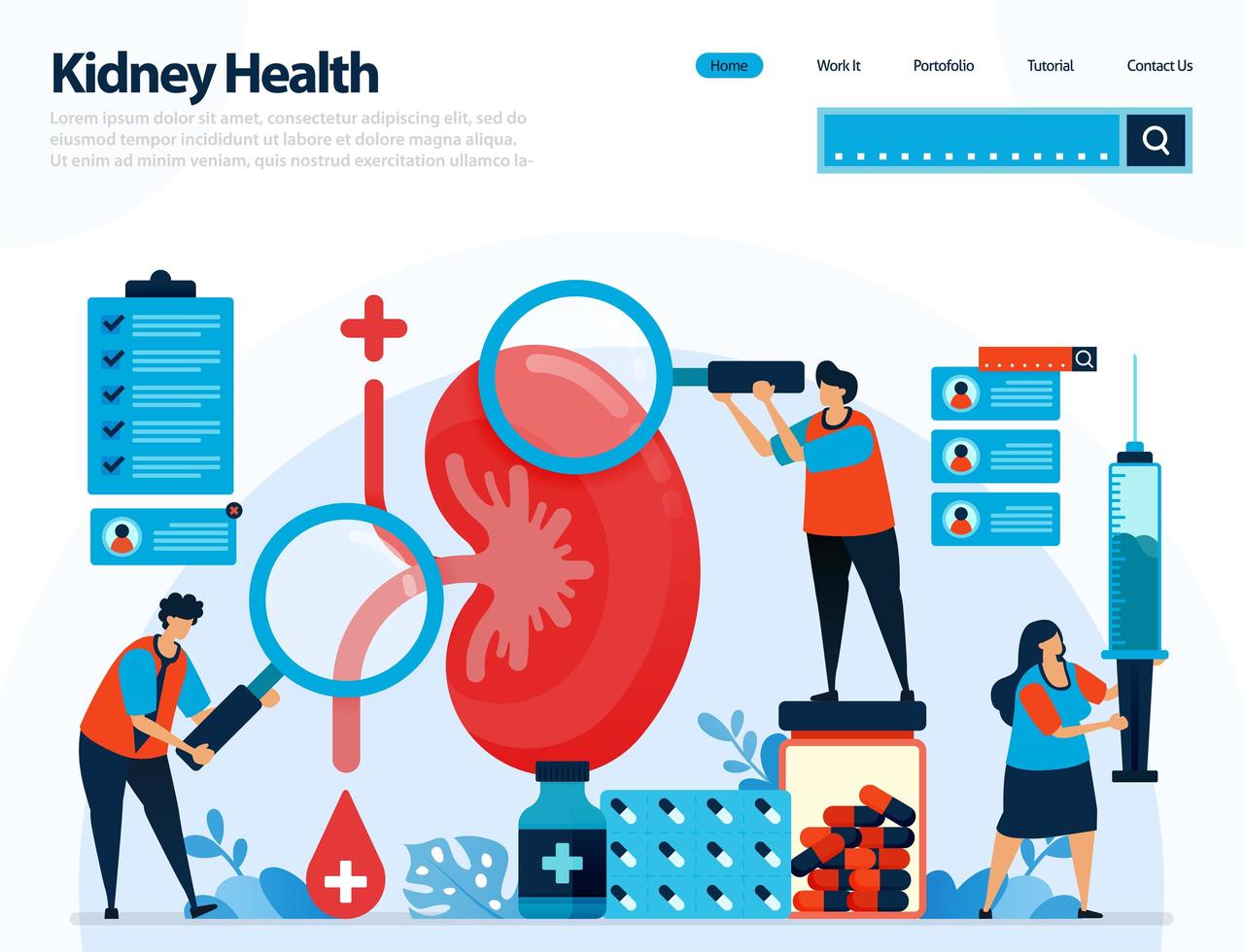 illustration for checking kidney health. diseases and disorders of kidney. checking and handling for internal organs. designed for landing page, template, ui ux, website, mobile app, flyer, brochure vector