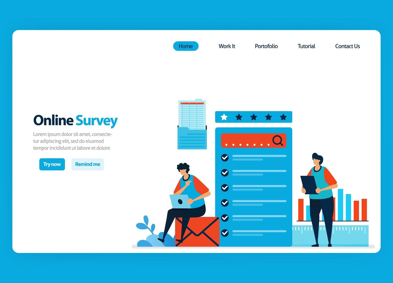 Landing page design for online survey and exam, filling out surveys with internet and validation software. Flat illustration for document, template, ui ux, web, website, mobile app, banner, flyer vector