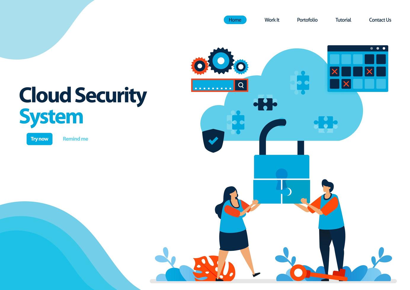 landing page template of cloud computing security system. cooperation to improve security of access to hosting. illustration for ui ux, website, web, mobile apps, flyer, brochure, advertisement vector