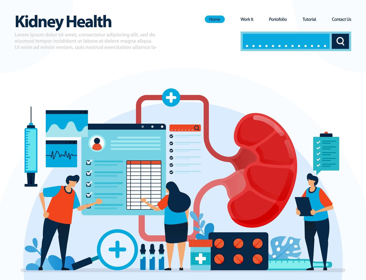 illustration for checking kidney health. diseases and disorders of kidney. checking and handling for internal organs. designed for landing page, template, ui ux, website, mobile app, flyer, brochure vector