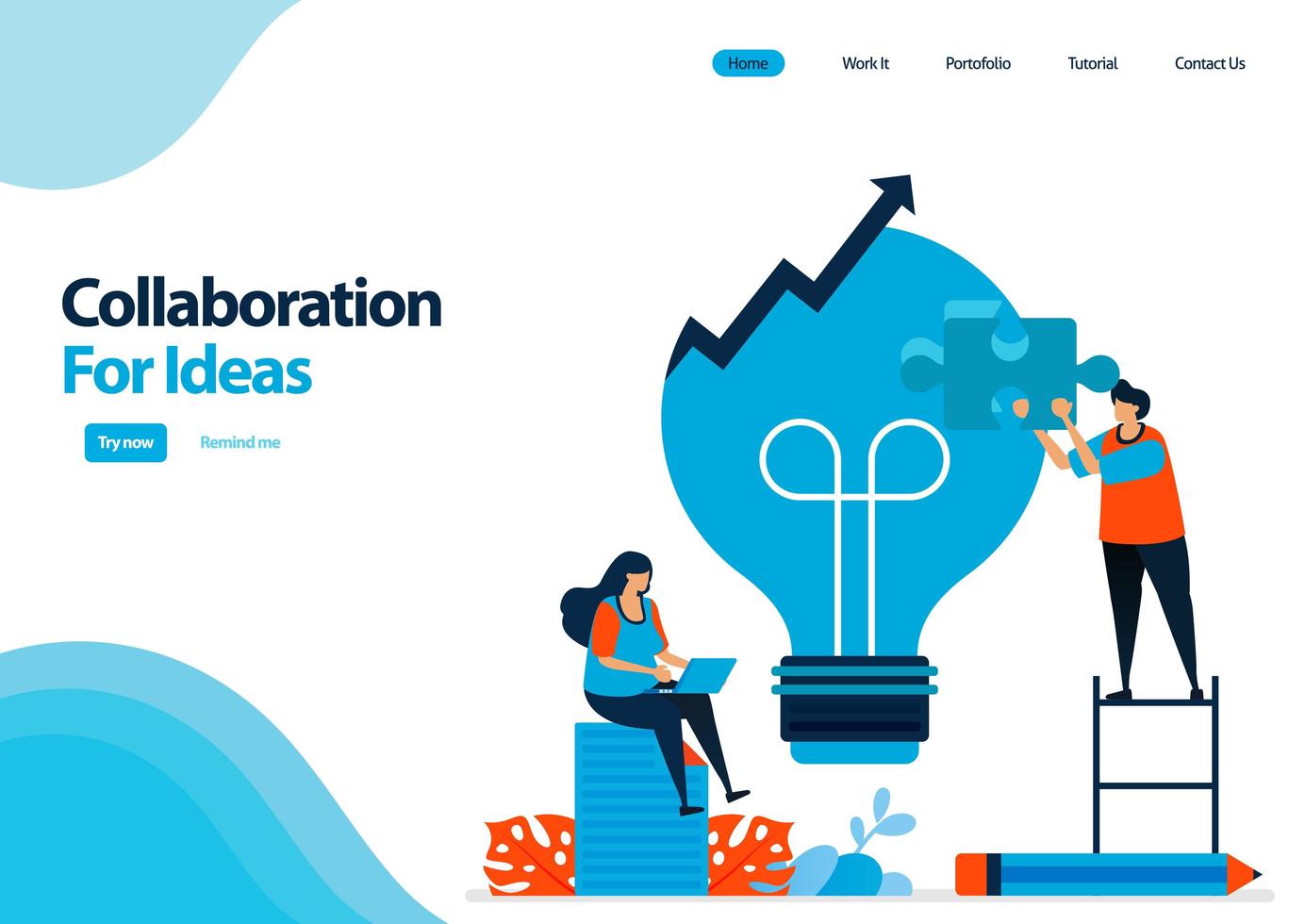 landing page template of improve the problem solving process with collaboration and ideas. light bulb for ideas. illustration for ui ux, website, web, mobile apps, flyer, brochure, advertisement vector