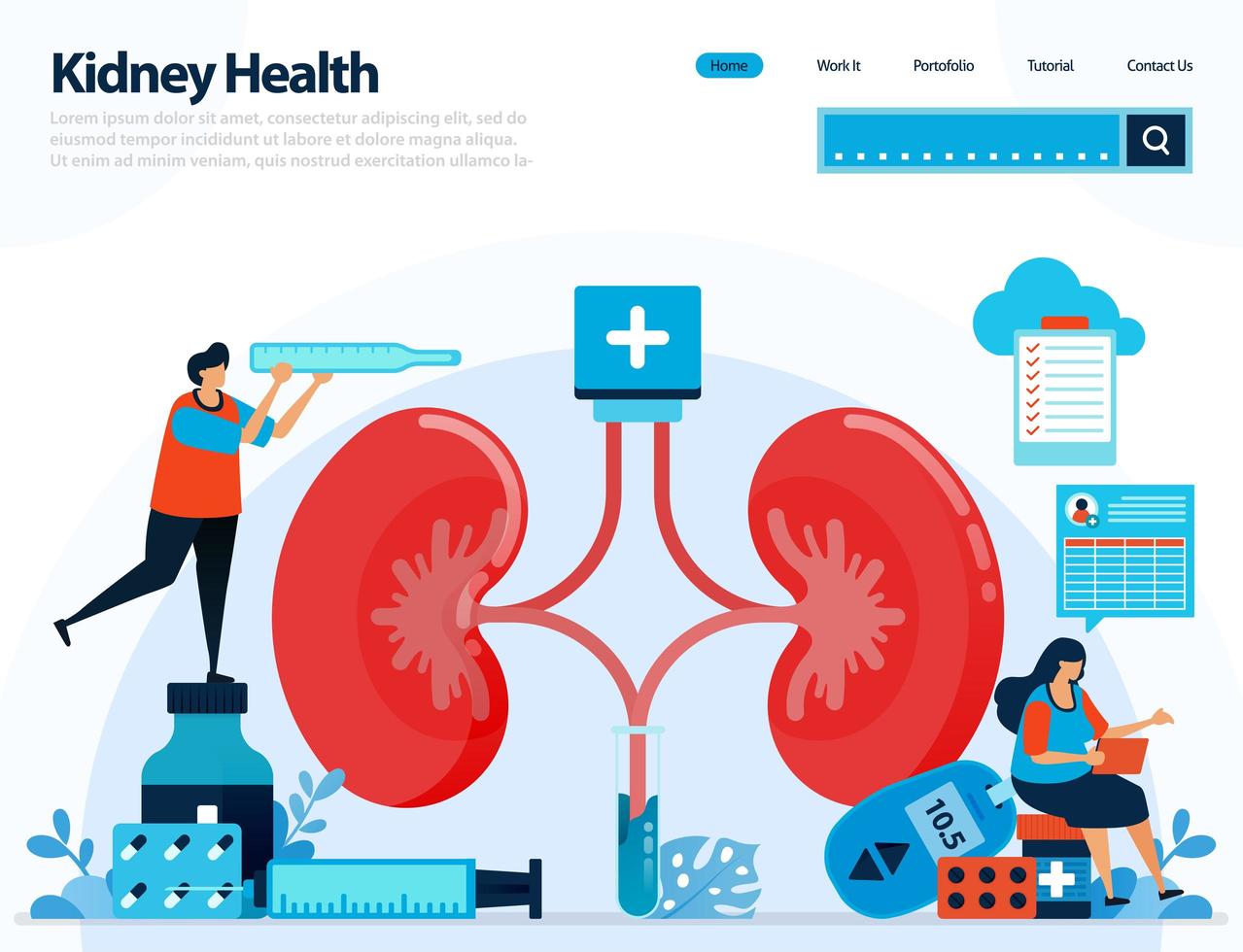 illustration for checking kidney health. diseases and disorders of kidney. checking and handling for internal organs. designed for landing page, template, ui ux, website, mobile app, flyer, brochure vector