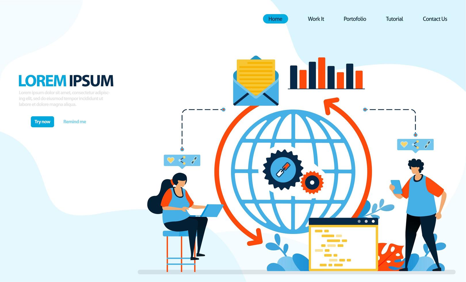 ilustración vectorial del sistema de carga de internet. Mecanismo de circulación de envío de correo electrónico y datos con codificación. diseñado para página de destino, plantilla, ui ux, sitio web, aplicación móvil, folleto, folleto vector