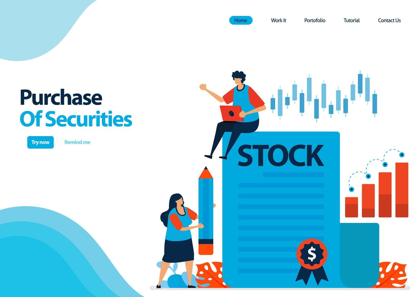 landing page template of purchase of securities and bonds. investment in securities. proof of documents of debt securities and shares. illustration for ui ux, website, web, mobile apps, flyer vector