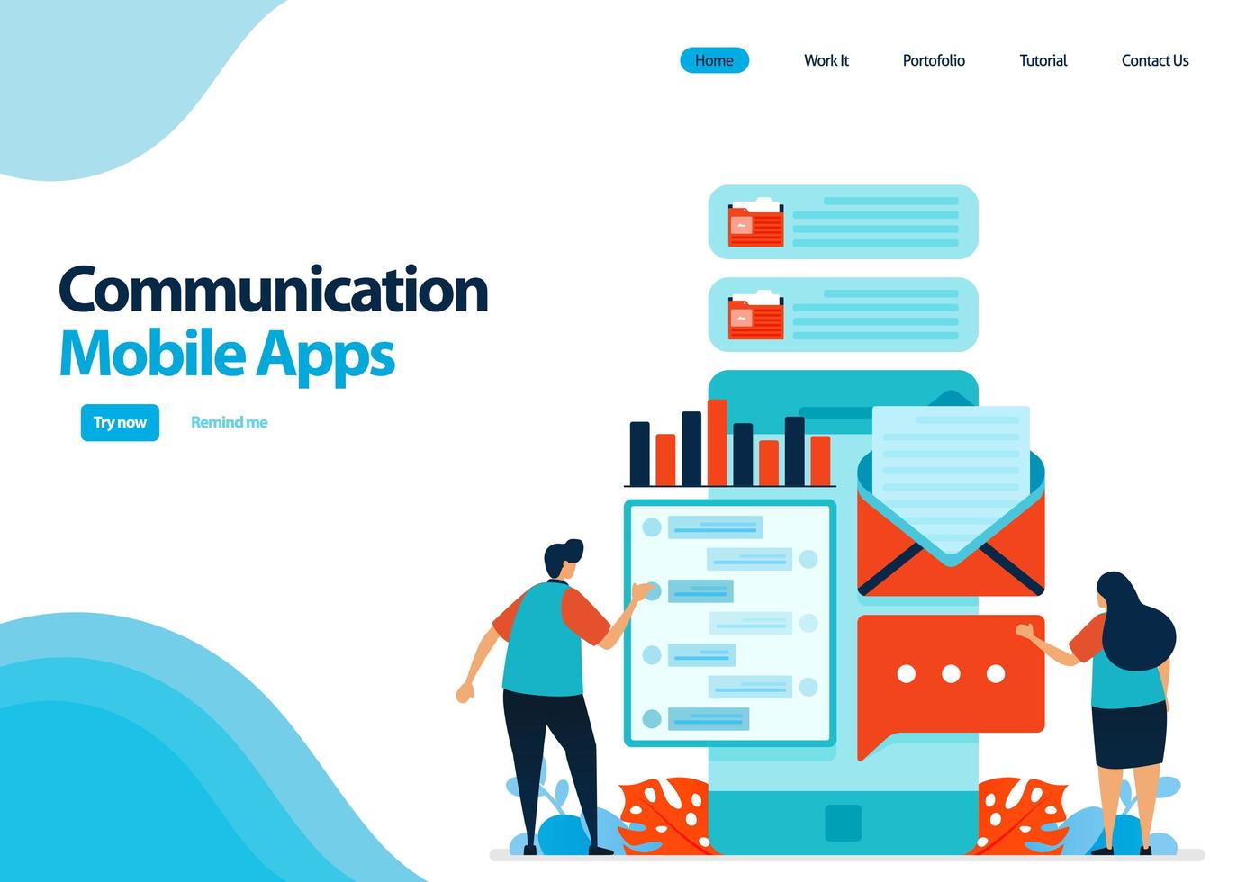 landing page template of mobile apps for communication and sending messages. Chat apps with Smartfone. communication development technology. illustration for ui ux, website, web, mobile apps, flyer vector