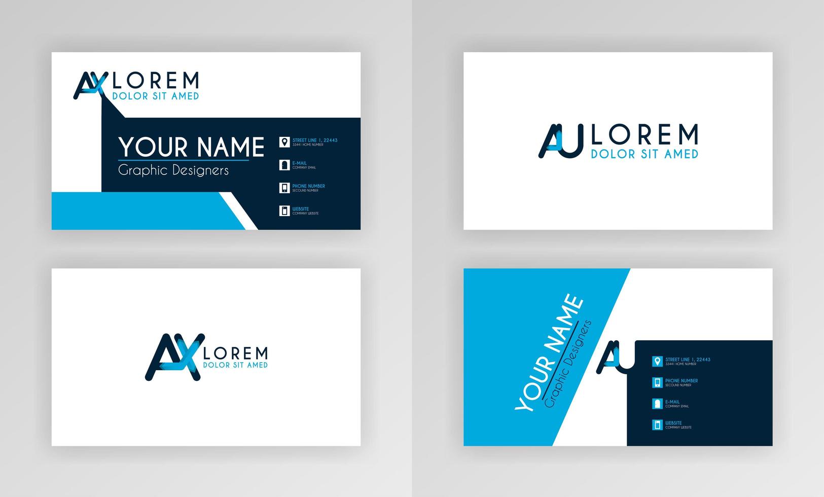 plantilla de tarjeta de visita azul. diseño de tarjeta de identidad simple con logotipo de alfabeto y decoración de acento de barra. para corporativo, empresa, profesional, negocios, publicidad, relaciones públicas, folleto, cartel vector