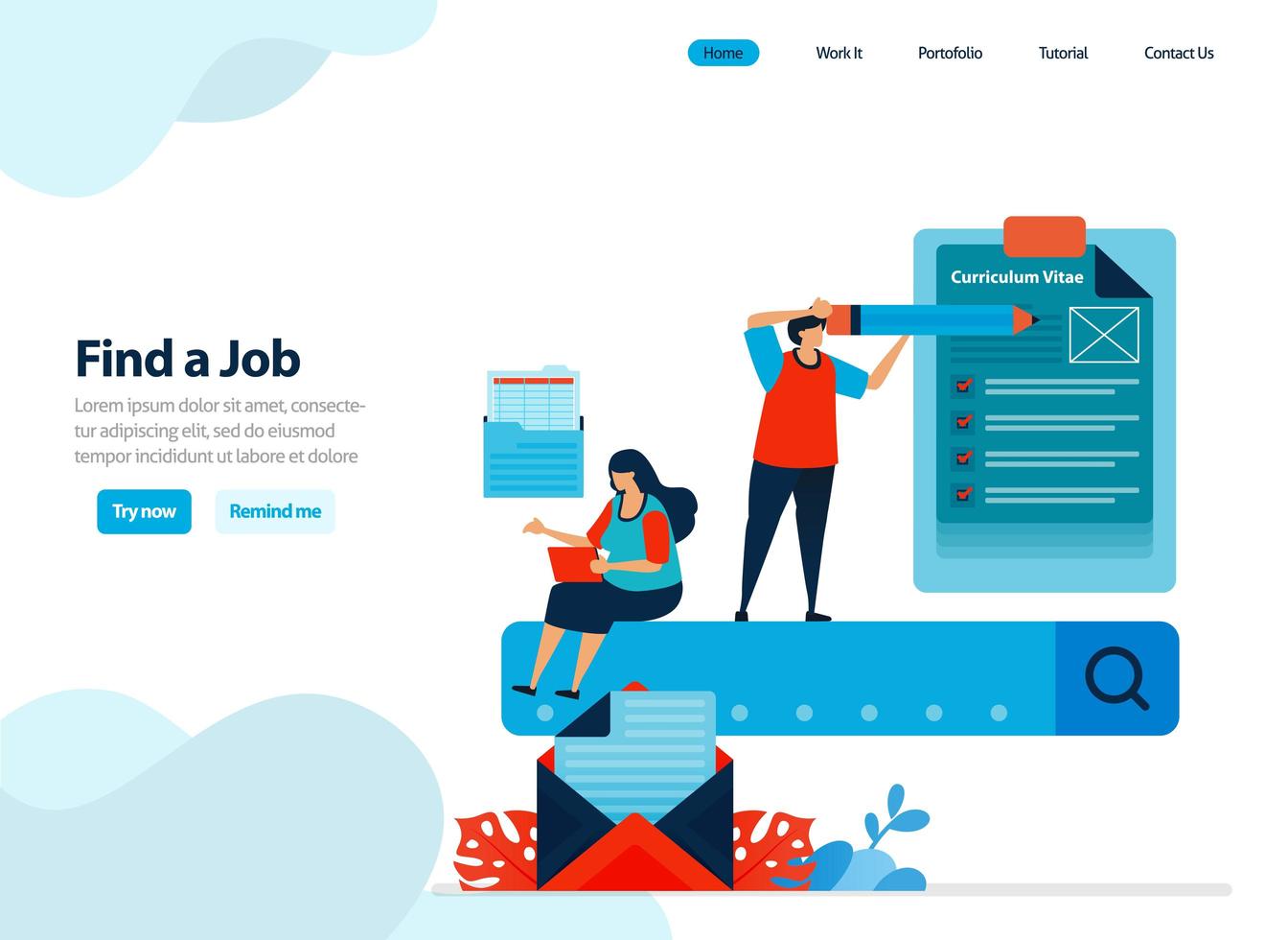 website design of looking for work and finding employees. jobs candidates that match with search engine. Flat illustration for landing page template, ui ux, website, mobile app, flyer, brochure, ads vector