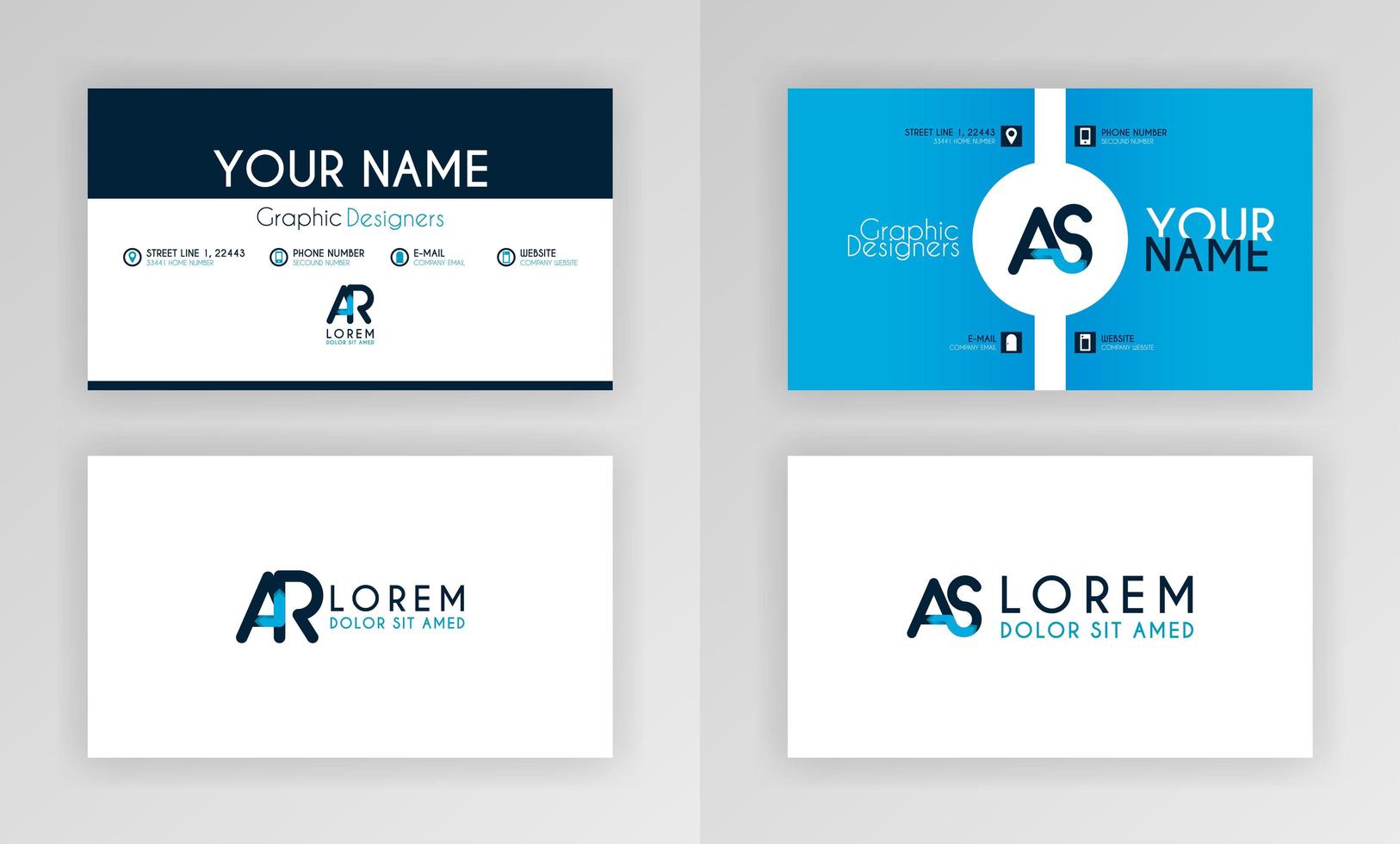 plantilla de tarjeta de visita azul. diseño de tarjeta de identidad simple con logotipo de alfabeto y decoración de acento de barra. para corporativo, empresa, profesional, negocios, publicidad, relaciones públicas, folleto, cartel vector