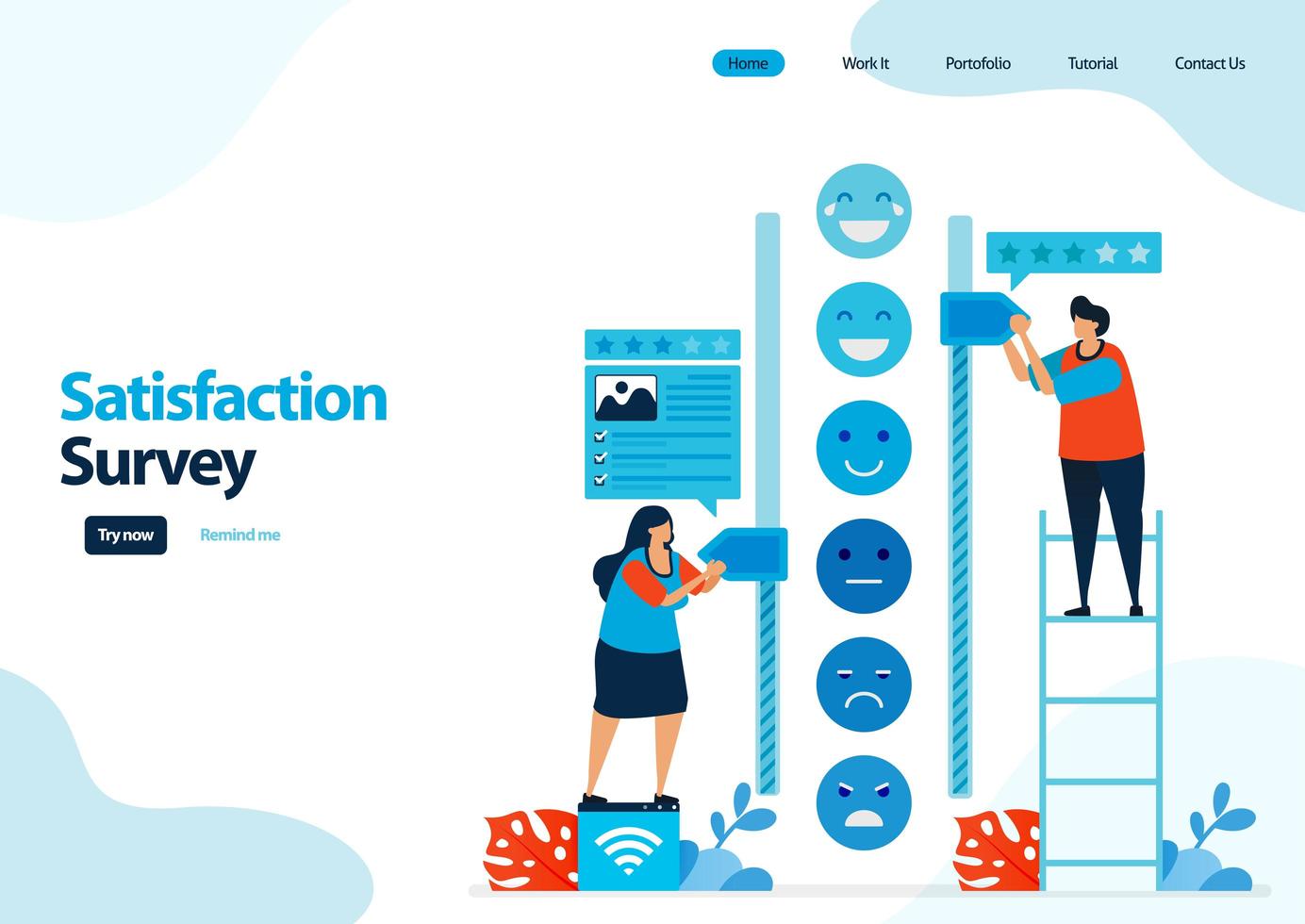 Plantilla de página de destino de encuestas de satisfacción de emoticonos. otorgar calificación y estrellas a los servicios de aplicaciones. buenos comentarios con emoticonos. ilustración para banner, ui ux, sitio web, web, aplicaciones móviles, folleto, tarjeta vector