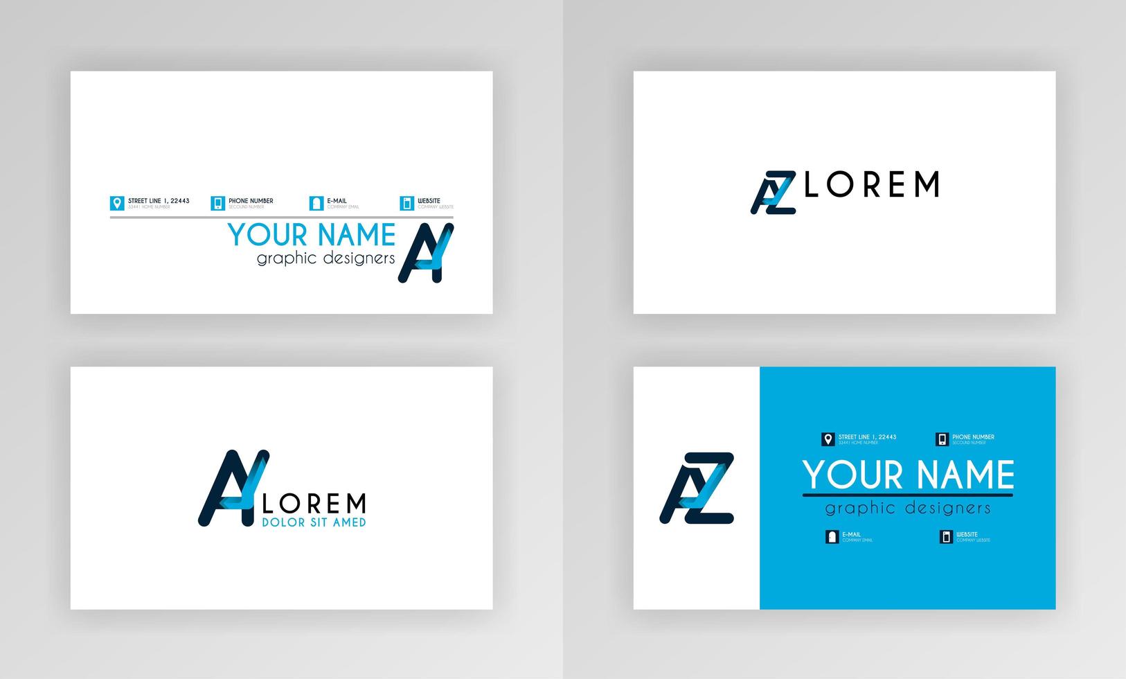 plantilla de tarjeta de visita azul. diseño de tarjeta de identidad simple con logotipo de alfabeto y decoración de acento de barra. para corporativo, empresa, profesional, negocios, publicidad, relaciones públicas, folleto, cartel vector