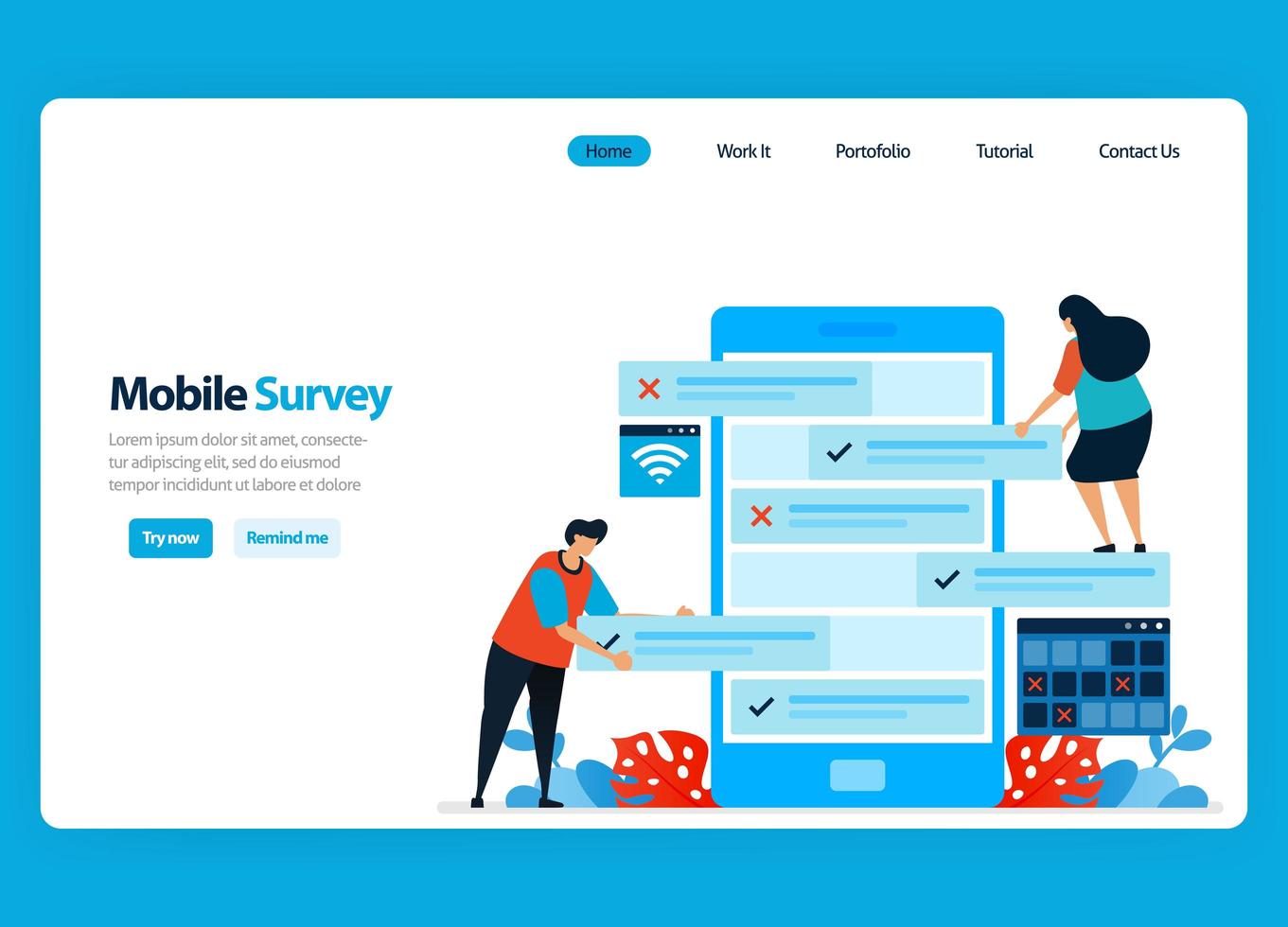 Landing page design for online survey and exam, reviewing customer satisfaction and user rating with mobile survey apps. Flat illustration for template, ui ux, website, mobile app, flyer, brochure vector