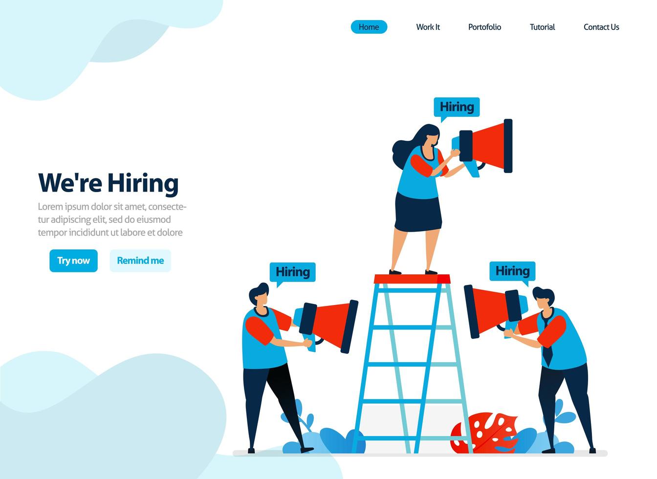 diseño web de contratación y captación de empleados. estamos contratando para la página de destino de la empresa. buscador de empleo, carrera y reclutamiento. ilustración plana para plantilla, ui ux, sitio web, aplicación móvil, folleto, folleto vector