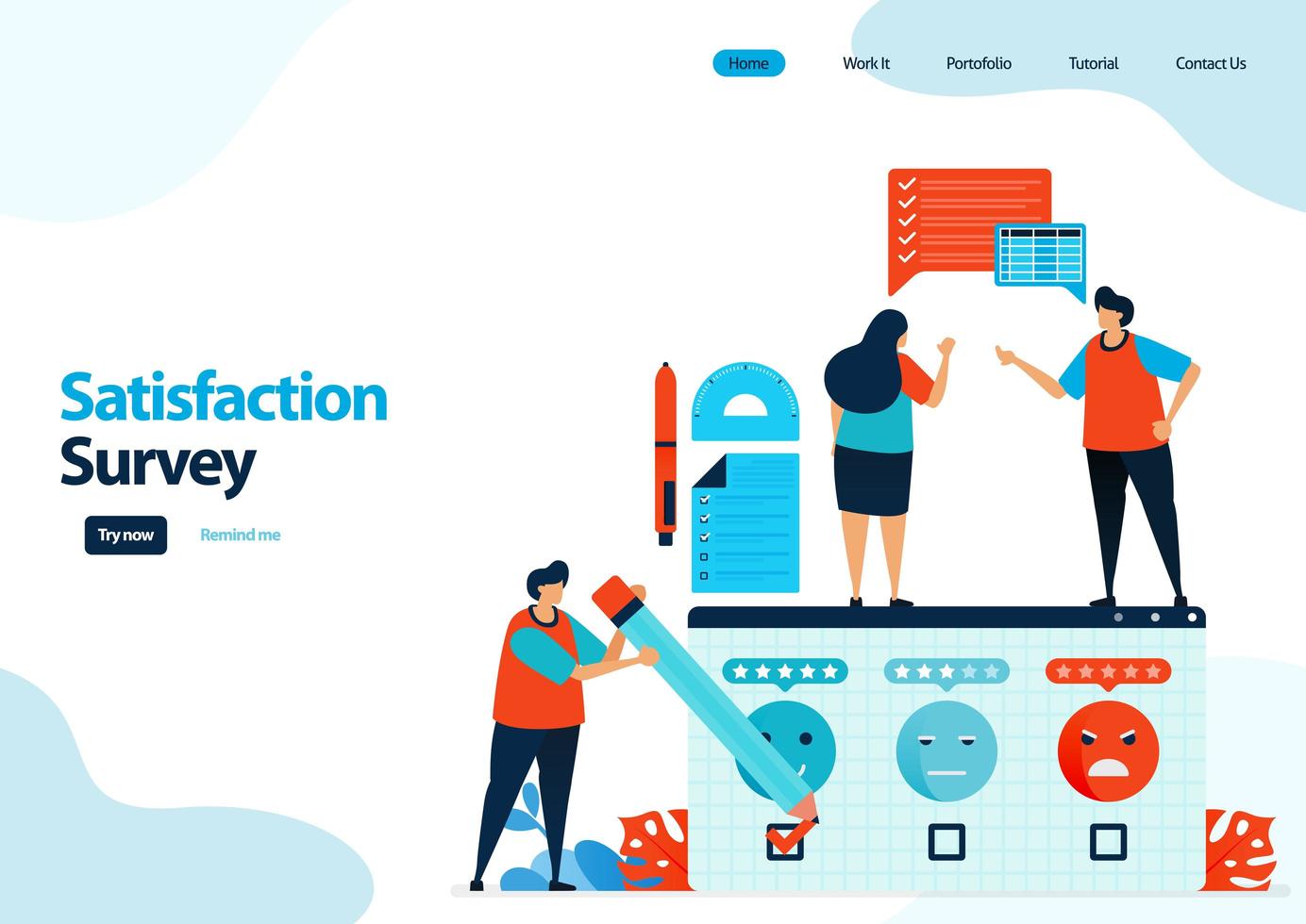 landing page template of emoticon satisfaction surveys. give rating and stars for apps services. good feedback with emoticons. illustration for banner, ui ux, website, web, mobile apps, flyer, card vector