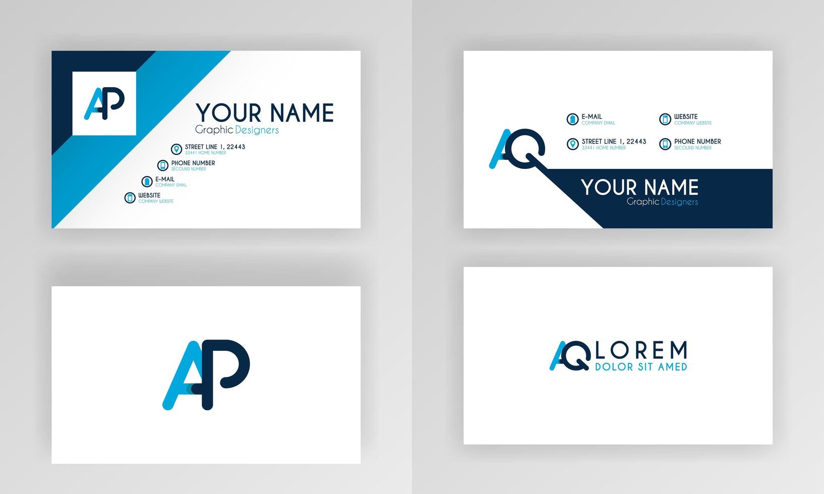 plantilla de tarjeta de visita azul. diseño de tarjeta de identidad simple con logotipo de alfabeto y decoración de acento de barra. para corporativo, empresa, profesional, negocios, publicidad, relaciones públicas, folleto, cartel vector