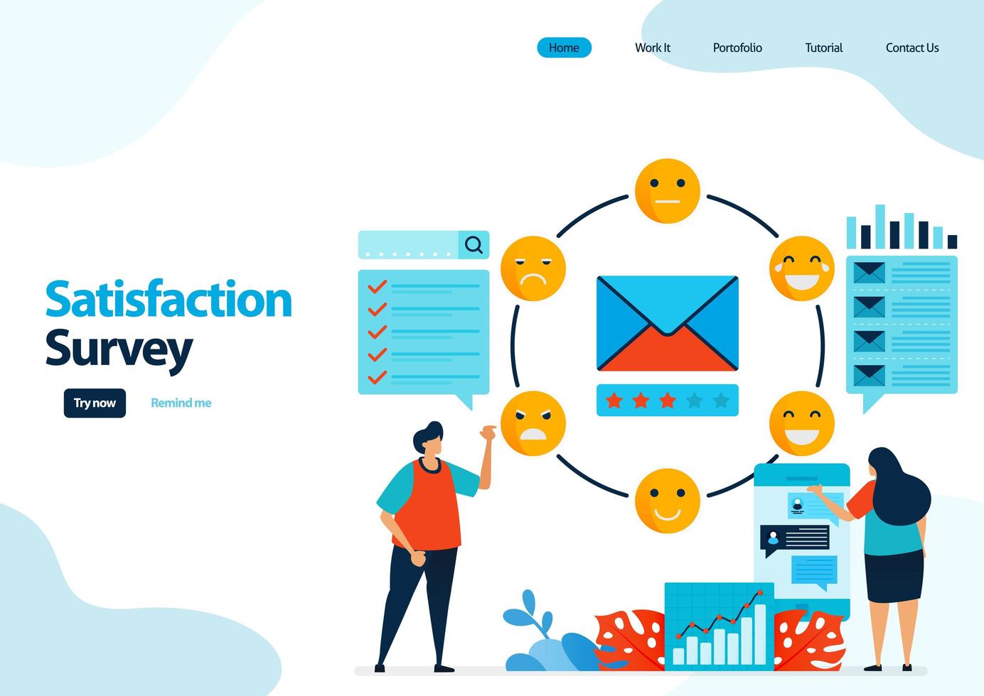 Plantilla de página de destino de encuestas de satisfacción de emoticonos. otorgar calificación y estrellas a los servicios de aplicaciones. buenos comentarios con emoticonos. ilustración para banner, ui ux, sitio web, web, aplicaciones móviles, folleto, tarjeta vector