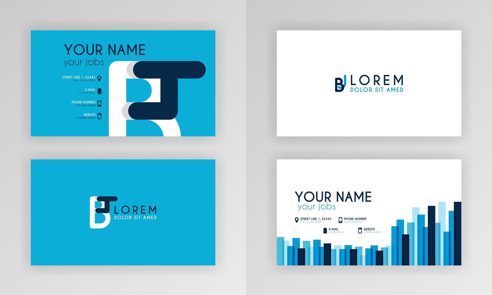 plantilla de tarjeta de visita azul. diseño de tarjeta de identidad simple con logotipo de alfabeto y decoración de acento de barra. para corporativo, empresa, profesional, negocios, publicidad, relaciones públicas, folleto, cartel vector