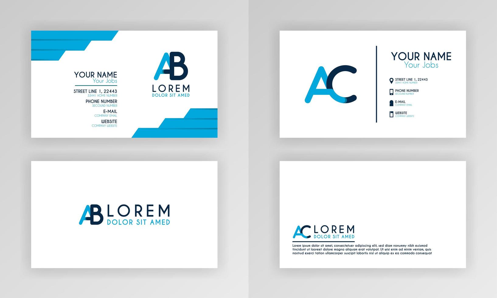 plantilla de tarjeta de visita azul. diseño de tarjeta de identidad simple con logotipo de alfabeto y decoración de acento de barra. para corporativo, empresa, profesional, negocios, publicidad, relaciones públicas, folleto, cartel vector