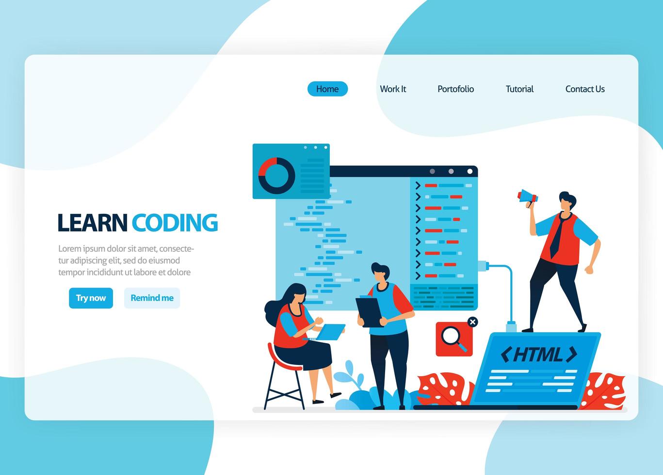 Vector homepage for learning programming and coding. Application development with a simple programming language. Flat illustration for landing page, template, ui ux, web, mobile app, banner, flyer