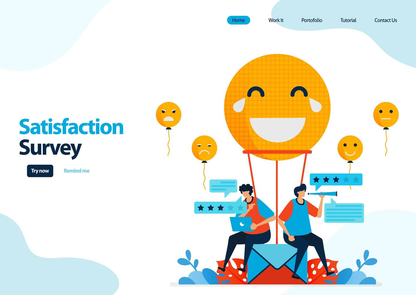 landing page template of emoticon satisfaction surveys. give rating and stars for apps services. good feedback with emoticons. illustration for banner, ui ux, website, web, mobile apps, flyer, card vector