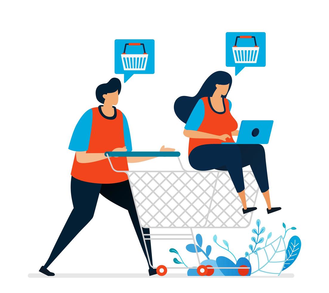 ilustración vectorial de la tienda con un carro en el supermercado. compre online con órdenes de compra en e-commerce. compre alimentos básicos en el supermercado. se puede utilizar para la página de destino, plantilla, interfaz de usuario, web vector