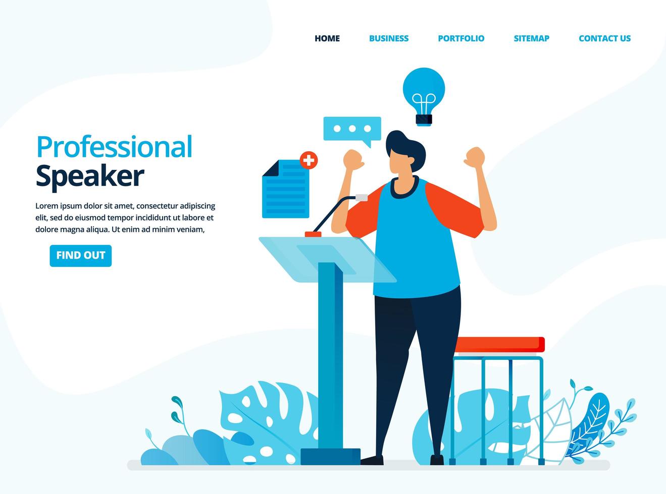 Vector human illustration of professional speaker. The man speaking on the podium. Can use for landing page, template, web, mobile app, poster, banner, flyer, background, website, advertisement