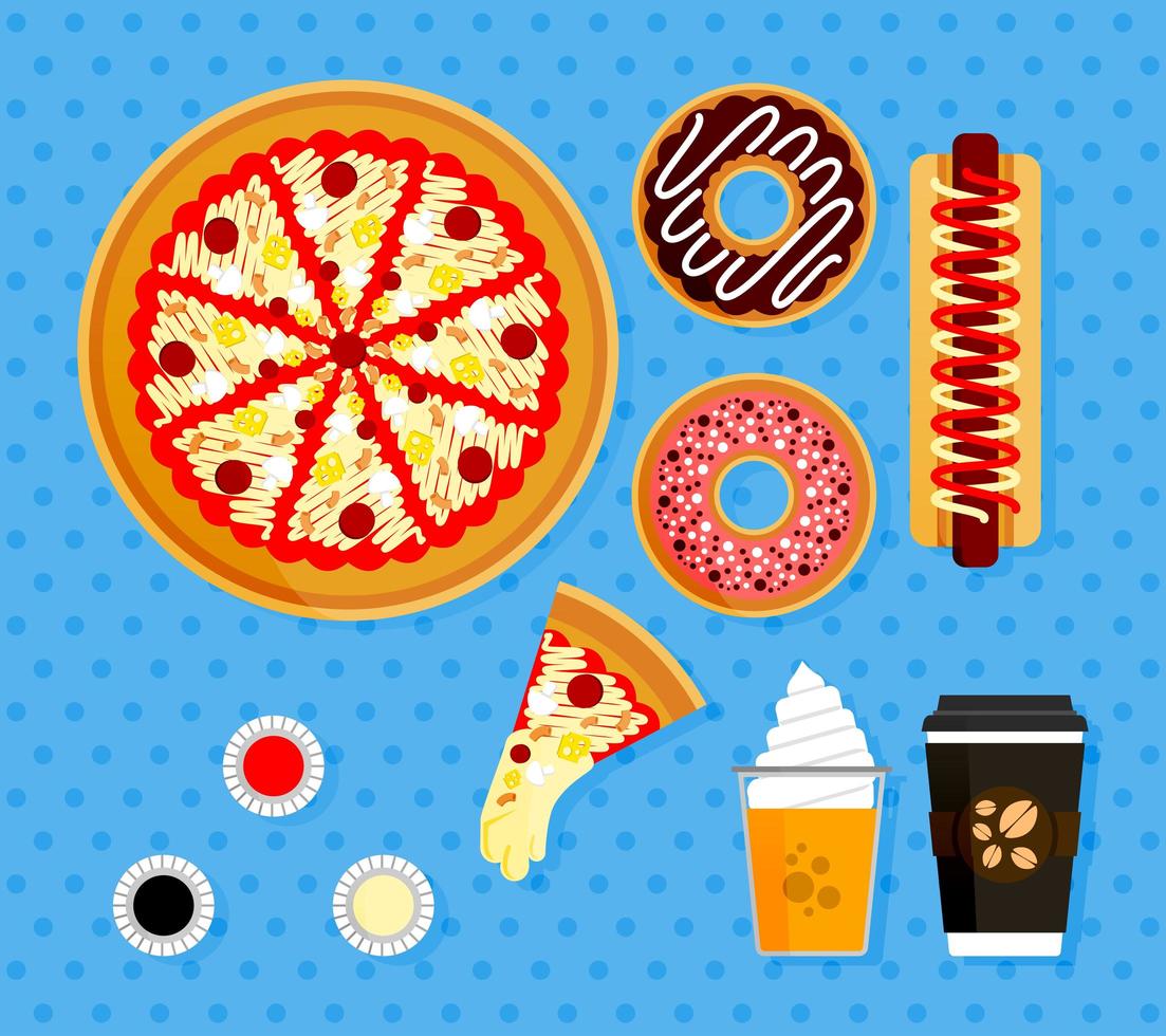 conjunto de ilustraciones de pedidos de pizza en restaurantes de comida rápida estadounidenses. elementos de cartel de comida completa con café caliente, jugo de naranja con helado flotante, rebanadas de pizza con queso mozzarella derretido vector