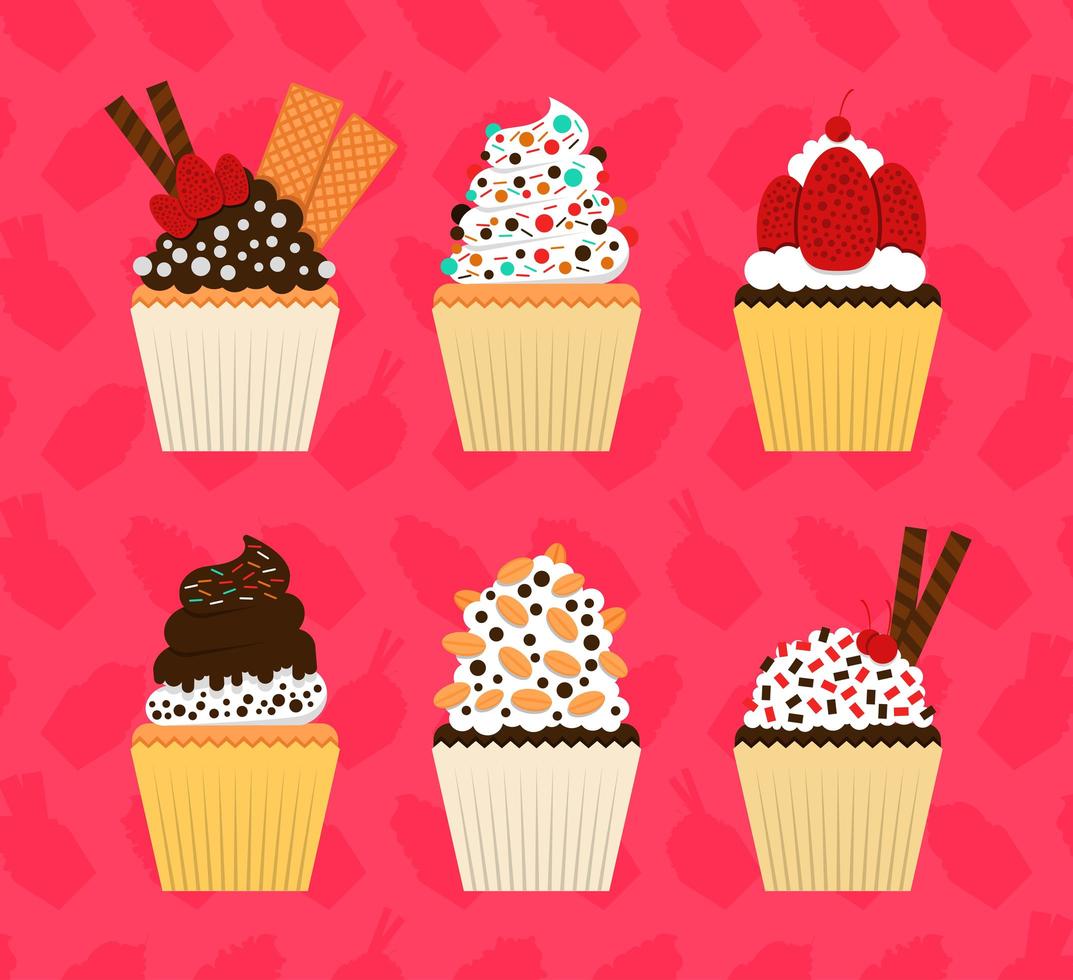 Cupcake Design Illustrations With Various Girly Decorations And Toppings. Sweet Cupcake With Chocolate Topping, Nuts, Wafers, Waffles, Melted Chocolate, Sweets, Vanilla Cream, Colorful Containers vector