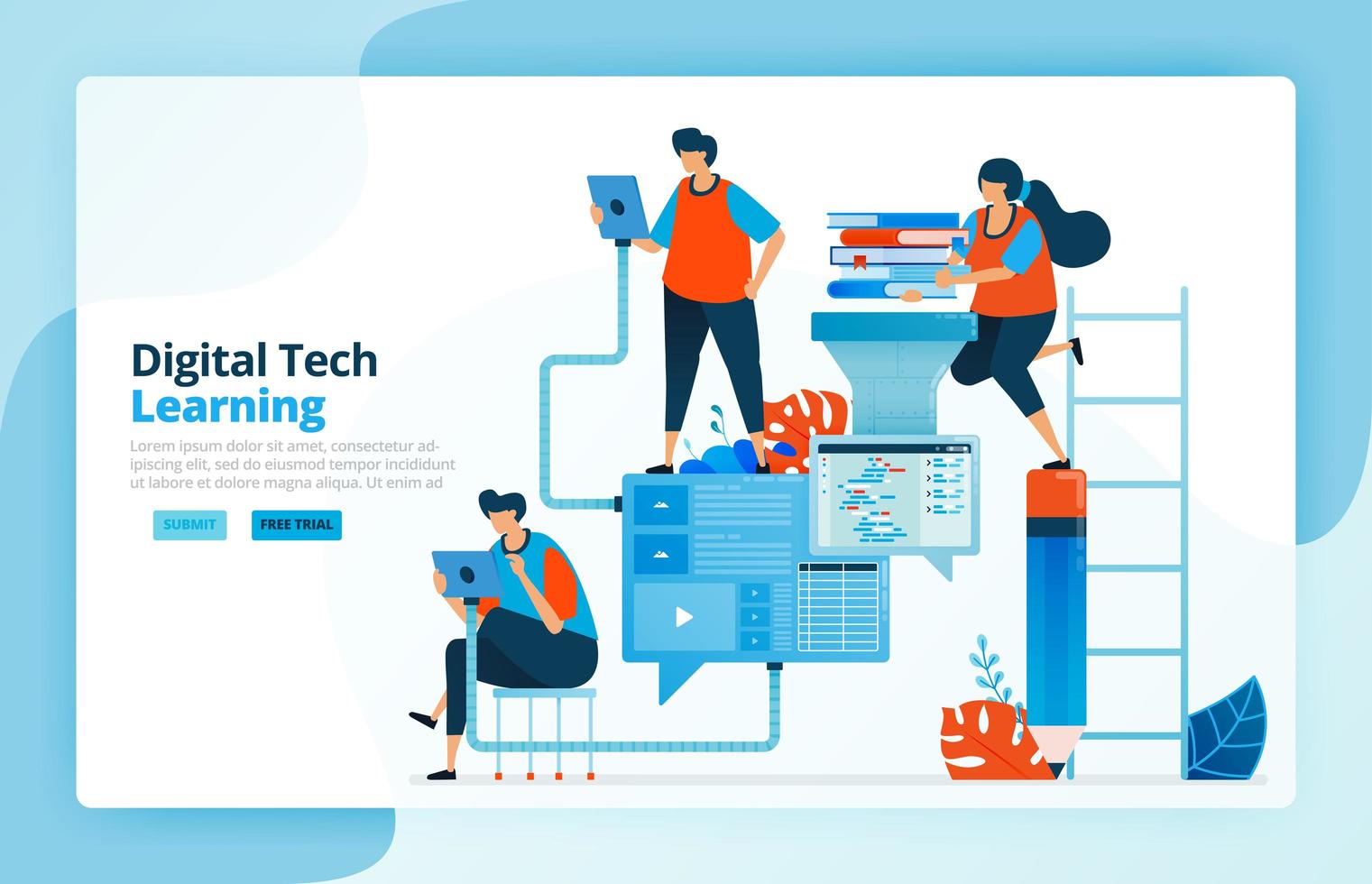 Vector illustration of activities from modern learning processes with technology, efficiency in education and distance learning. Learner communication. Designed for landing pages, web, mobile apps