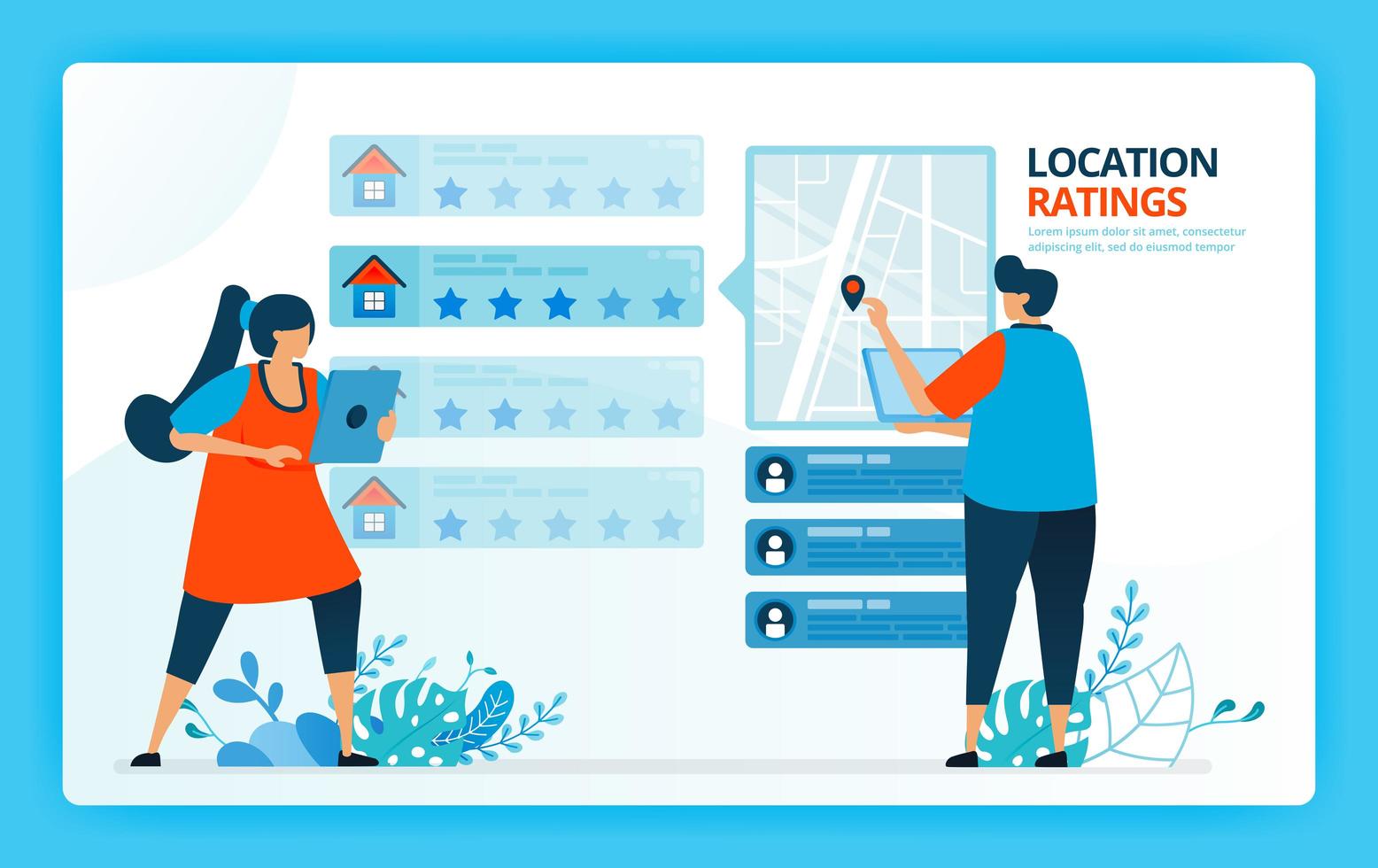 Vector illustration for location rating and home rental. Human vector cartoon characters. Design for landing pages, web, website, web page, mobile apps, banner, flyer, brochure, poster