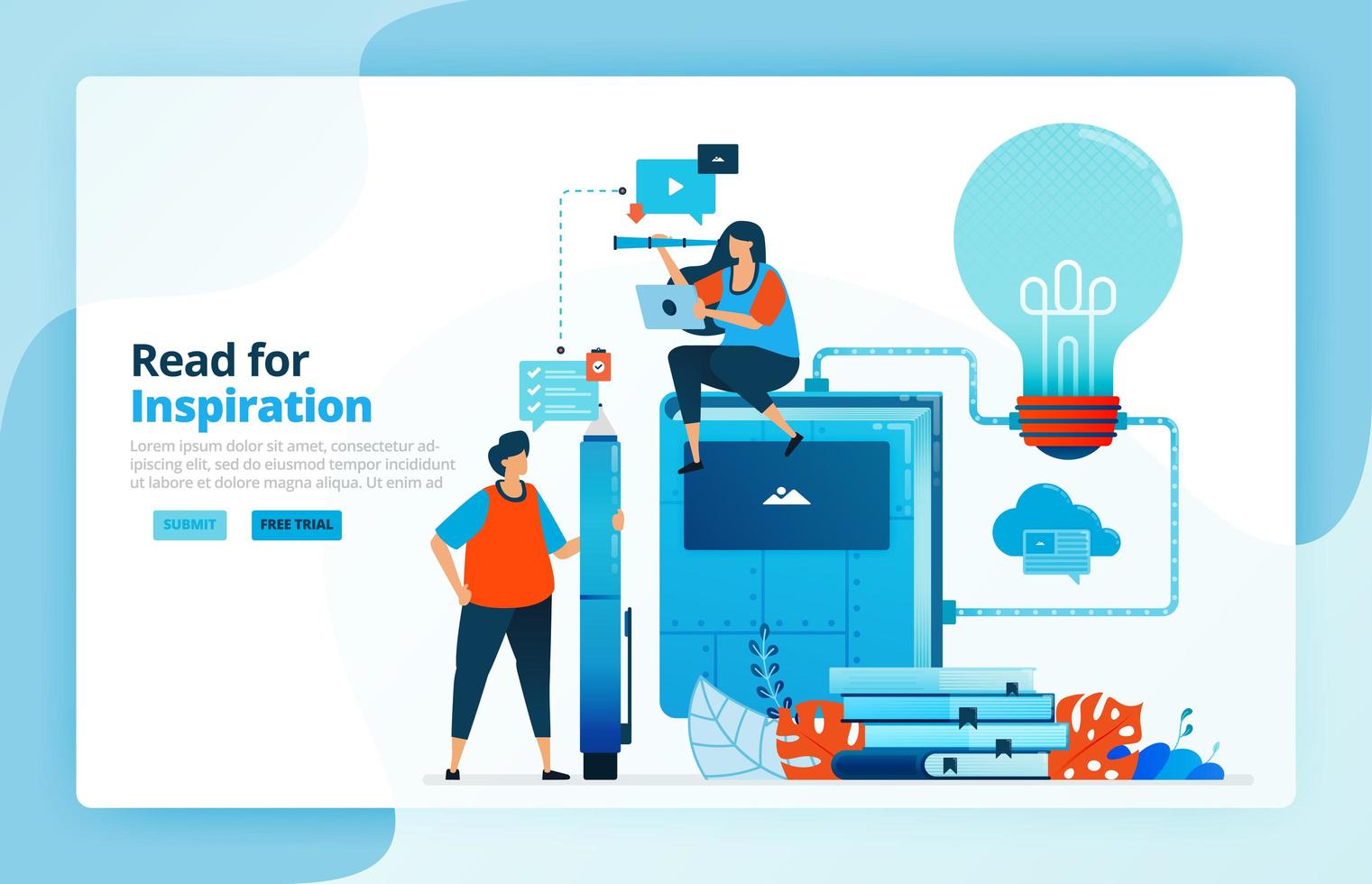 Vector illustration of activities from the reading process and getting ideas and inspiration. Brainstorm for problem solving, knowledge, critical thinking. Designed for landing pages, web, mobile apps