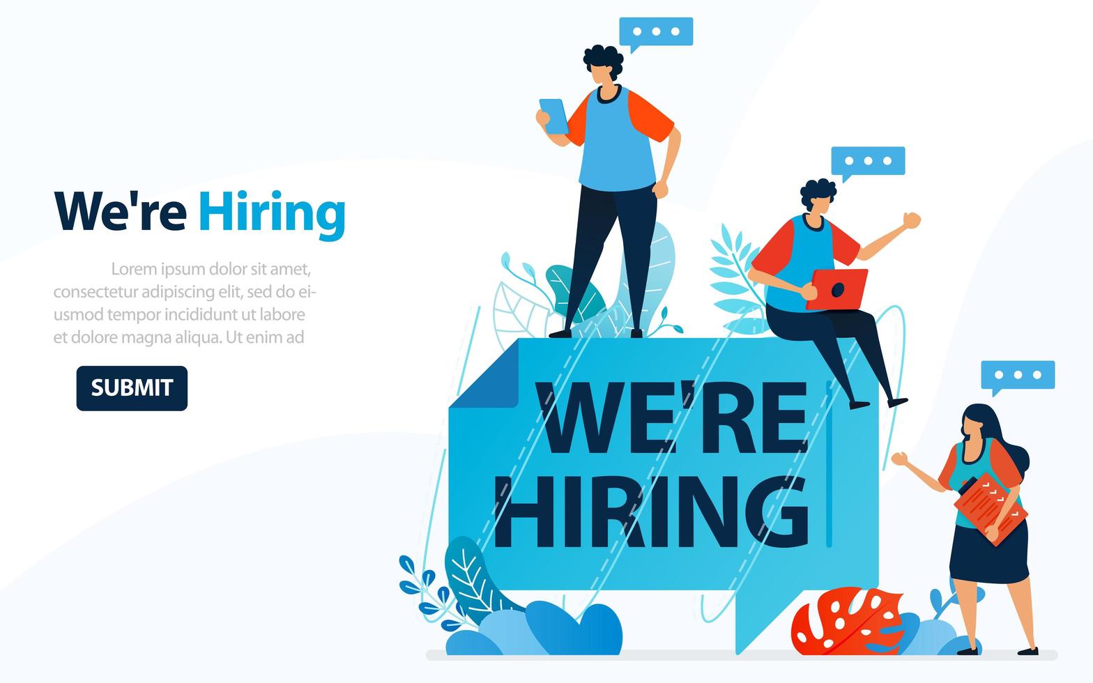People Looking For Employees With Words We're Hiring, Concept Vector Ilustration. Can Use For Landing Page, Template, Ui, Web, Mobile App, Poster, Banner, Flyer, Background, Website, Advertisement