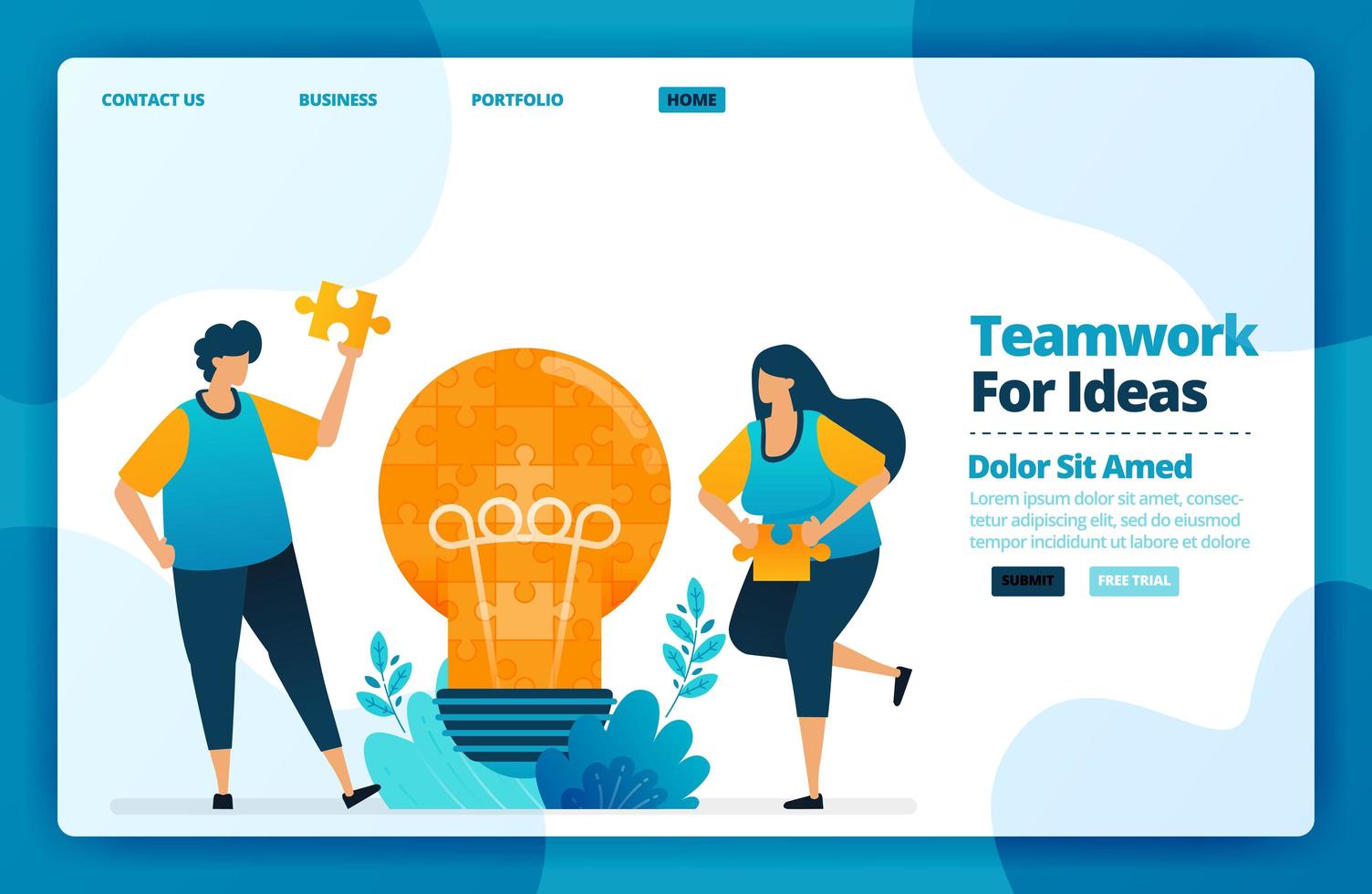 Landing page vector design of teamwork for ideas. Design for website, web, banner, mobile apps, poster, brochure, template, billboard, welcome page, promotion, cover, business card, advertisement