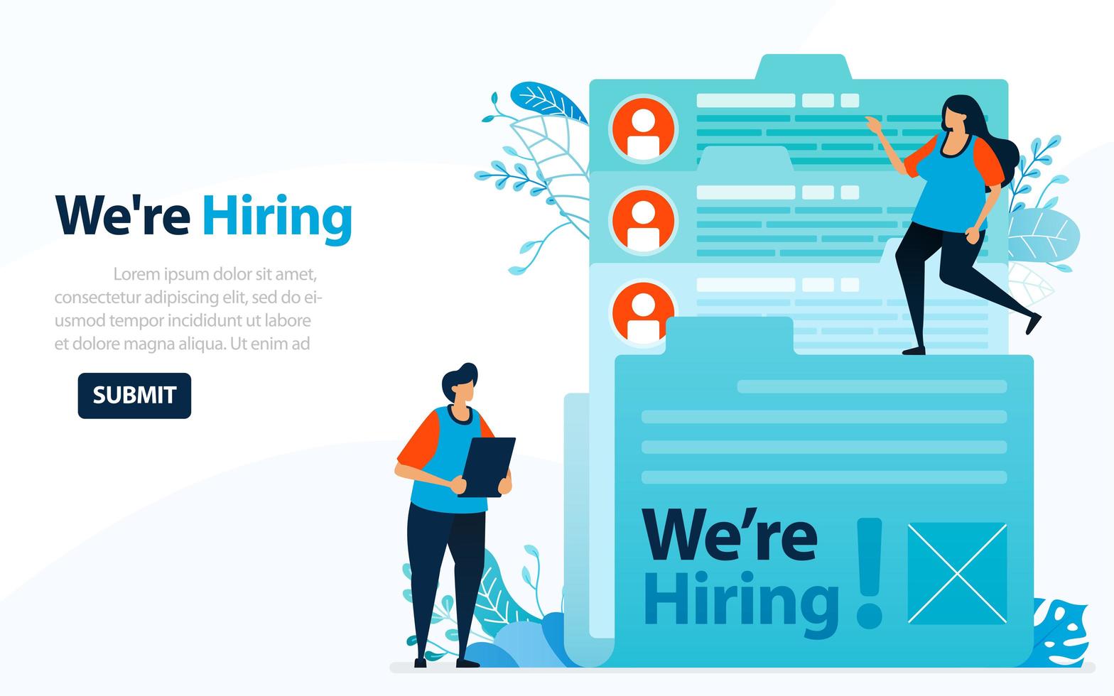 People Looking For Employees With Words We're Hiring, Concept Vector Ilustration. Can Use For Landing Page, Template, Ui, Web, Mobile App, Poster, Banner, Flyer, Background, Website, Advertisement