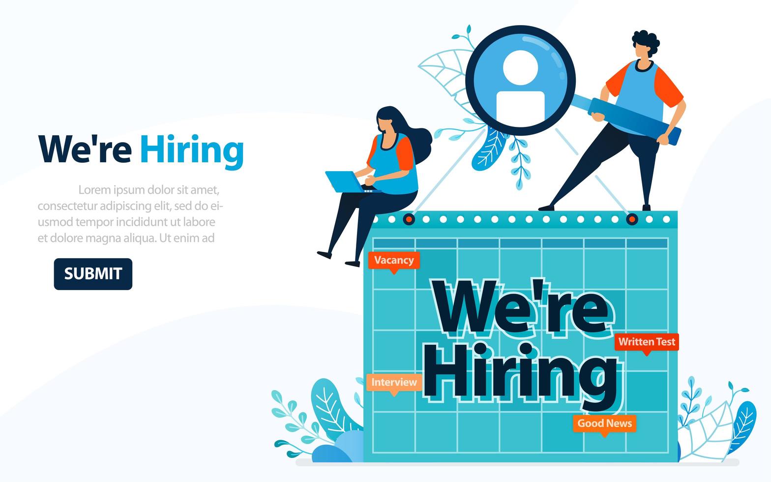 People Looking For Employees With Words We're Hiring, Concept Vector Ilustration. Can Use For Landing Page, Template, Ui, Web, Mobile App, Poster, Banner, Flyer, Background, Website, Advertisement