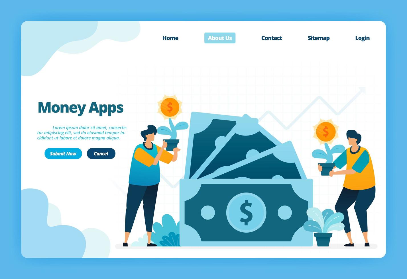 Landing page of money apps. Banking and financial investment choices. Illustration of landing page, website, mobile apps, poster, flyer vector