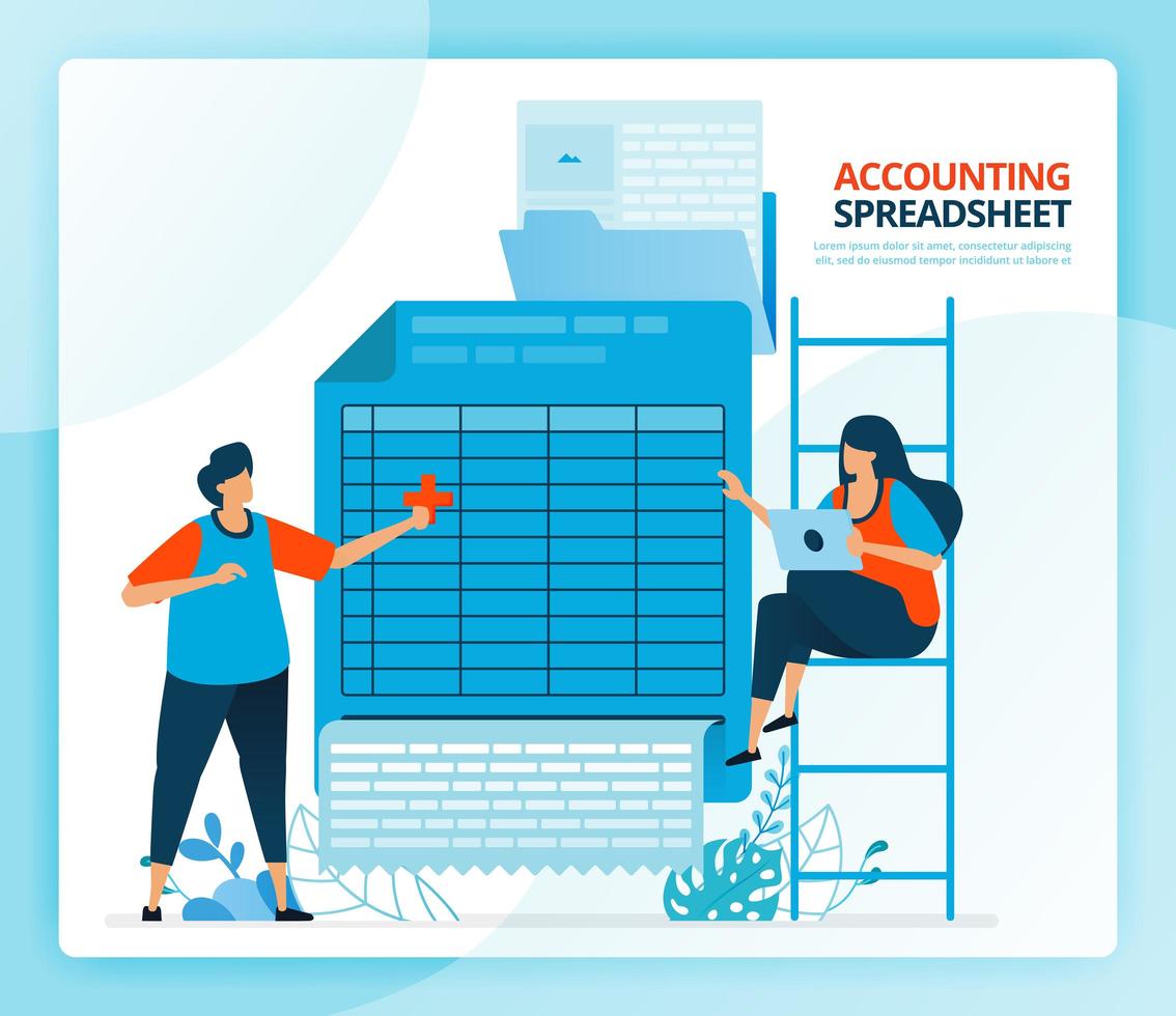 Vector illustration for spreadsheet accounting and balance sheet reports. Human vector cartoon character. Design for landing pages, web, website, web page, mobile apps, banner, flyer, brochure, poster