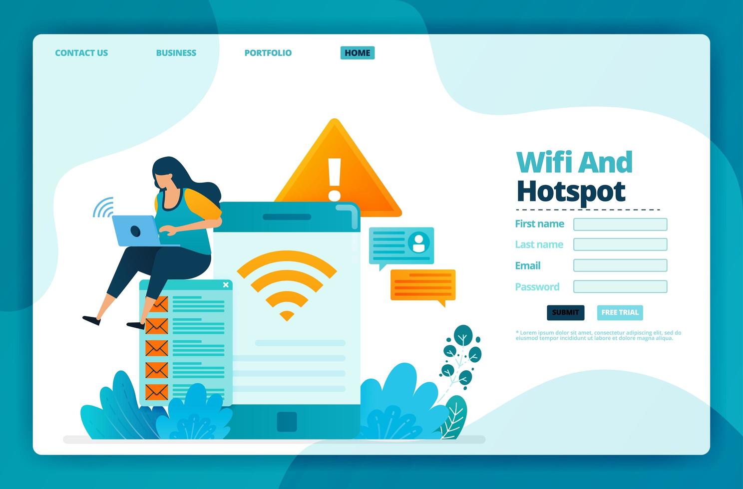 Landing page vector design of wifi and hotspot. Design for website, web, banner, mobile apps, poster, brochure, template, billboard, welcome page, promotion, cover, business card, advertisement