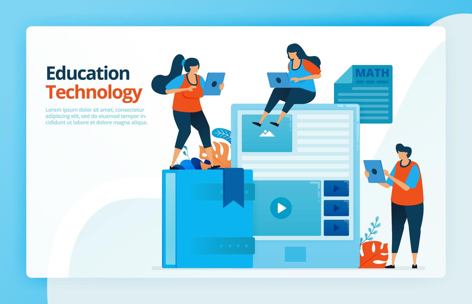 Vector illustration of people with modern technology education. study with a smartphone or tablet. Design for landing pages, web, website, web page, mobile apps, banner, flyer, brochure, poster