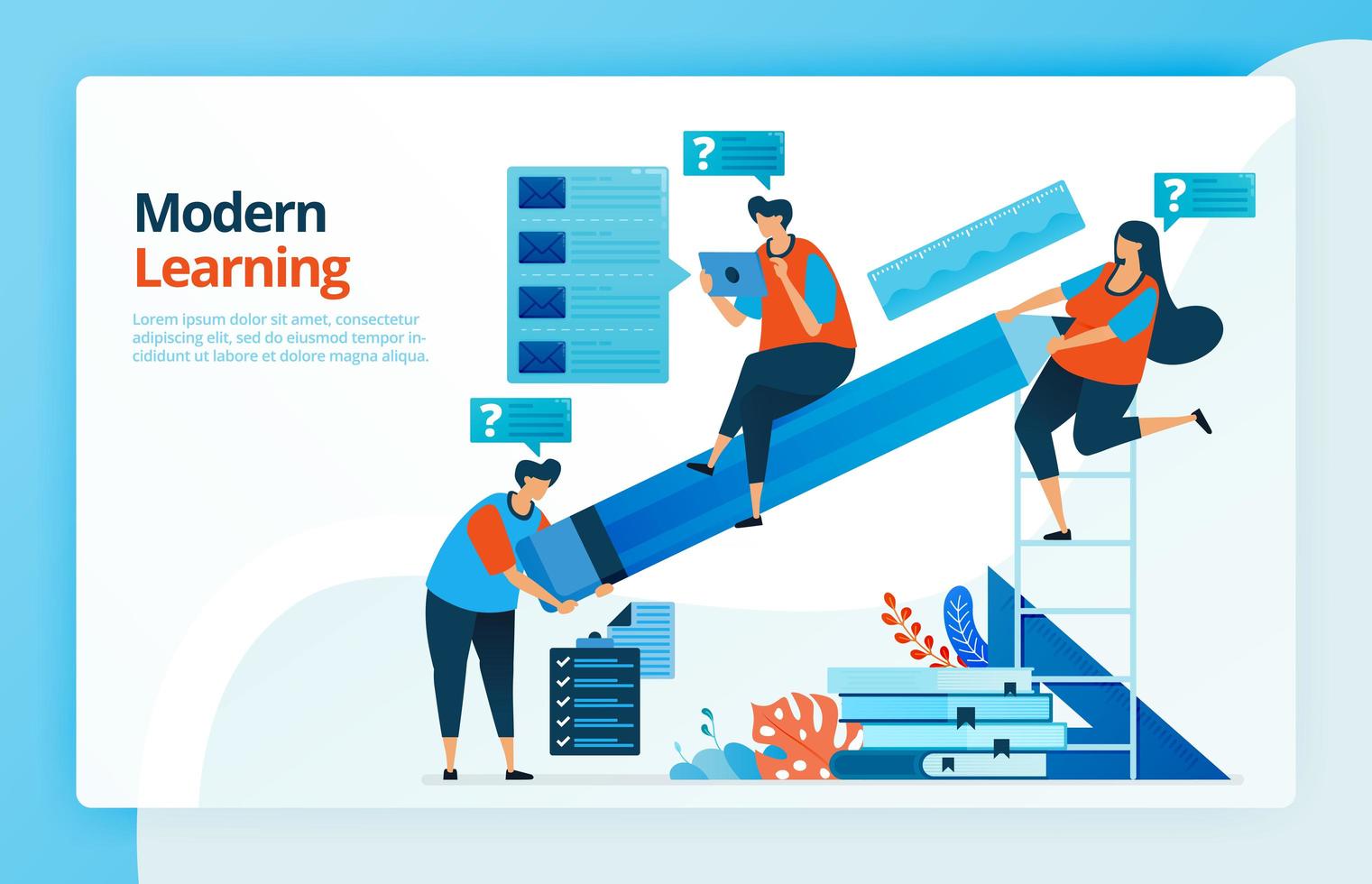 Vector illustration of people with internet based modern learning, people raised big pencils, student curiosity. Design for landing pages, web, website, web page, mobile apps, banner, flyer, brochure