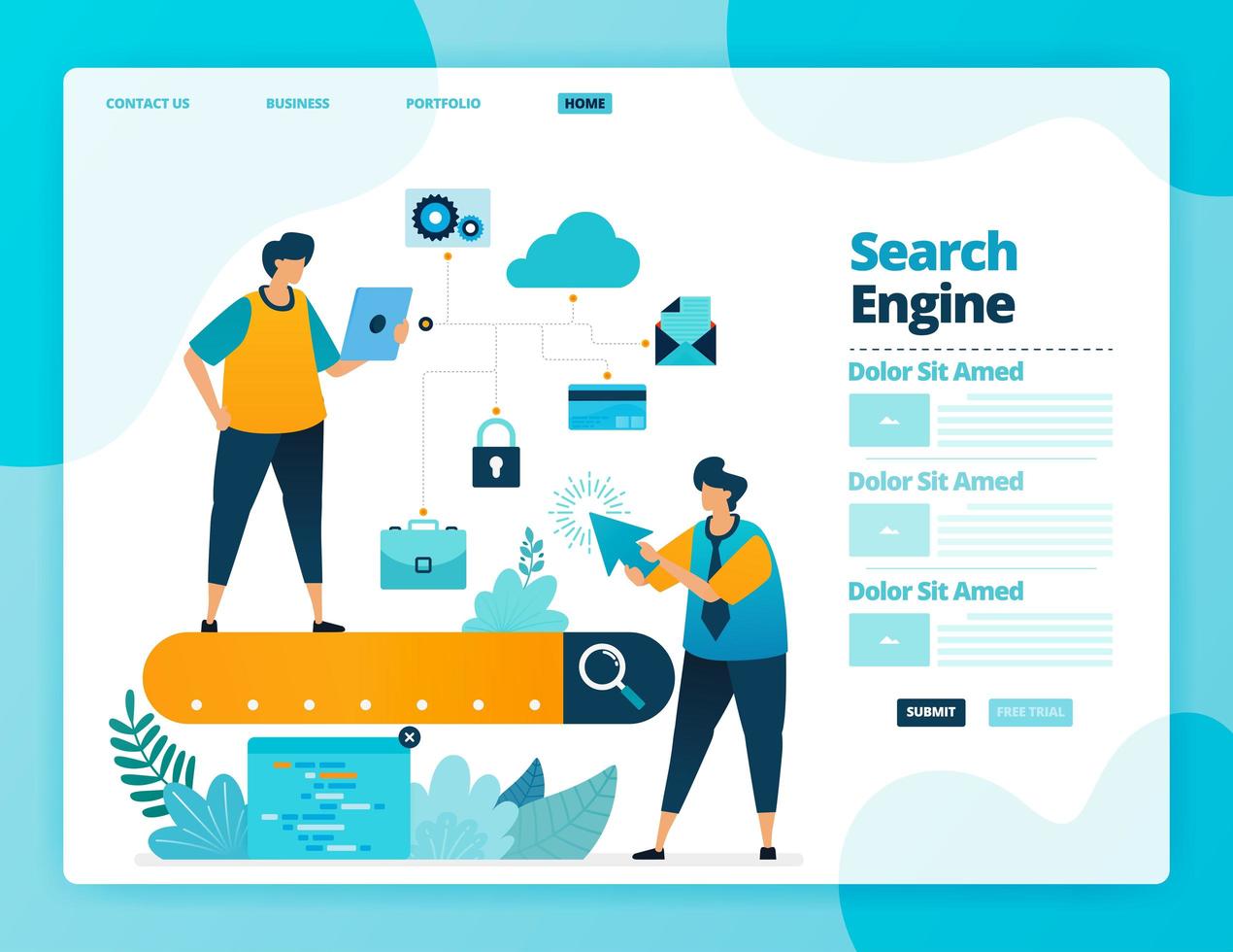 Landing page vector design of search engine analysis. Design for website, web, banner, mobile apps, poster, brochure, template, billboard, welcome page, promotion, cover, business card, advertisement