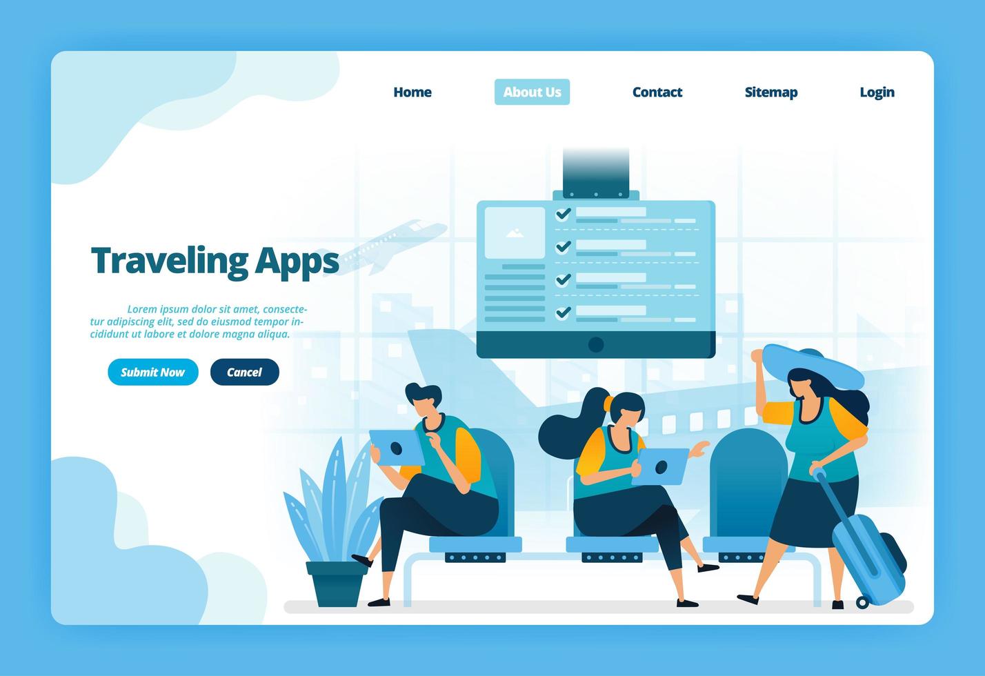 Landing page of traveling apps. Purchase flight tickets for holidays and business trips. Illustration of landing page, website, mobile apps, poster, flyer vector