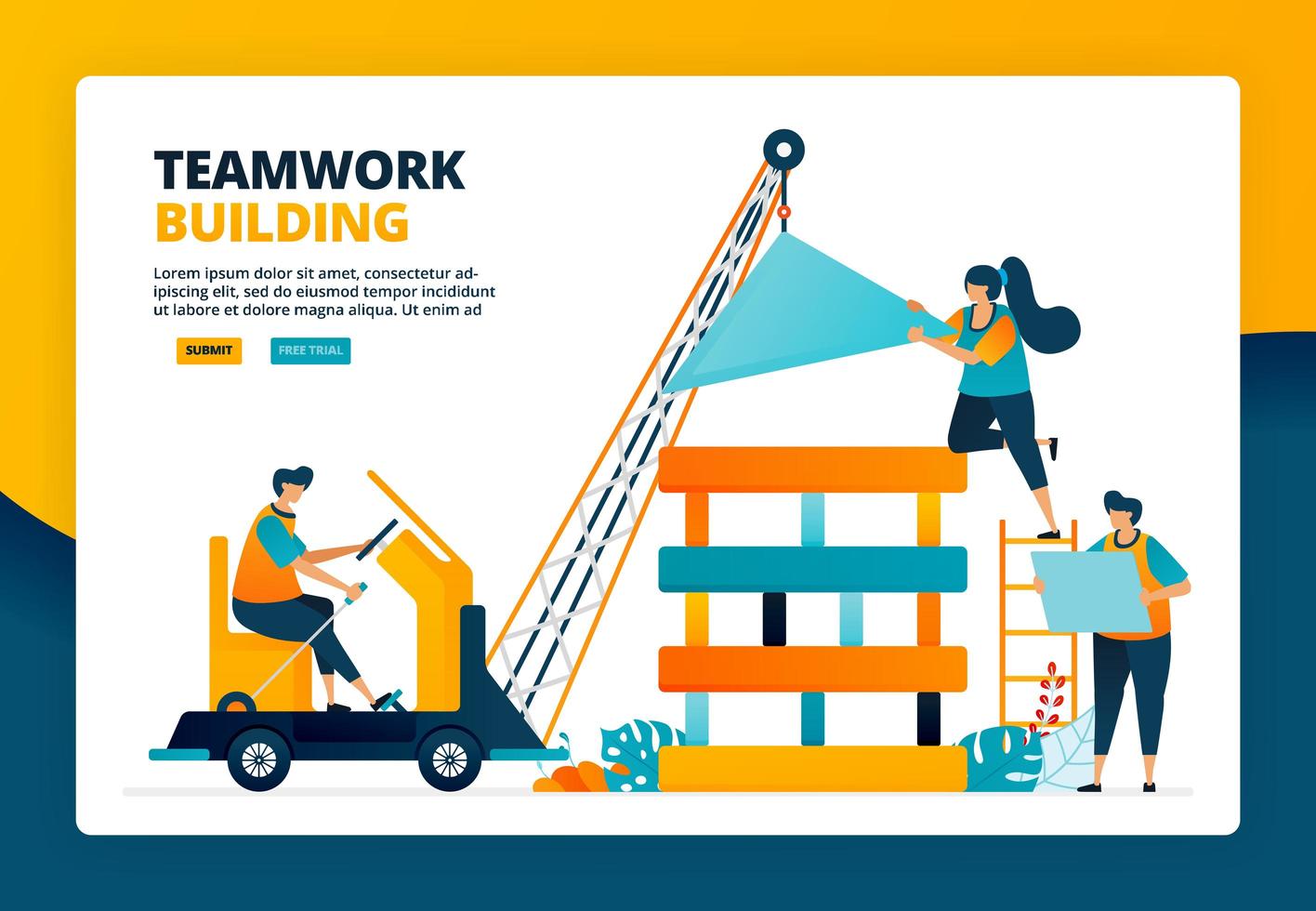 Ilustración de dibujos animados de trabajador construyendo una construcción. planificación y estrategia en el trabajo en equipo y la colaboración. desarrollo humano. diseño vectorial para la página de destino sitio web banner web aplicaciones móviles cartel vector