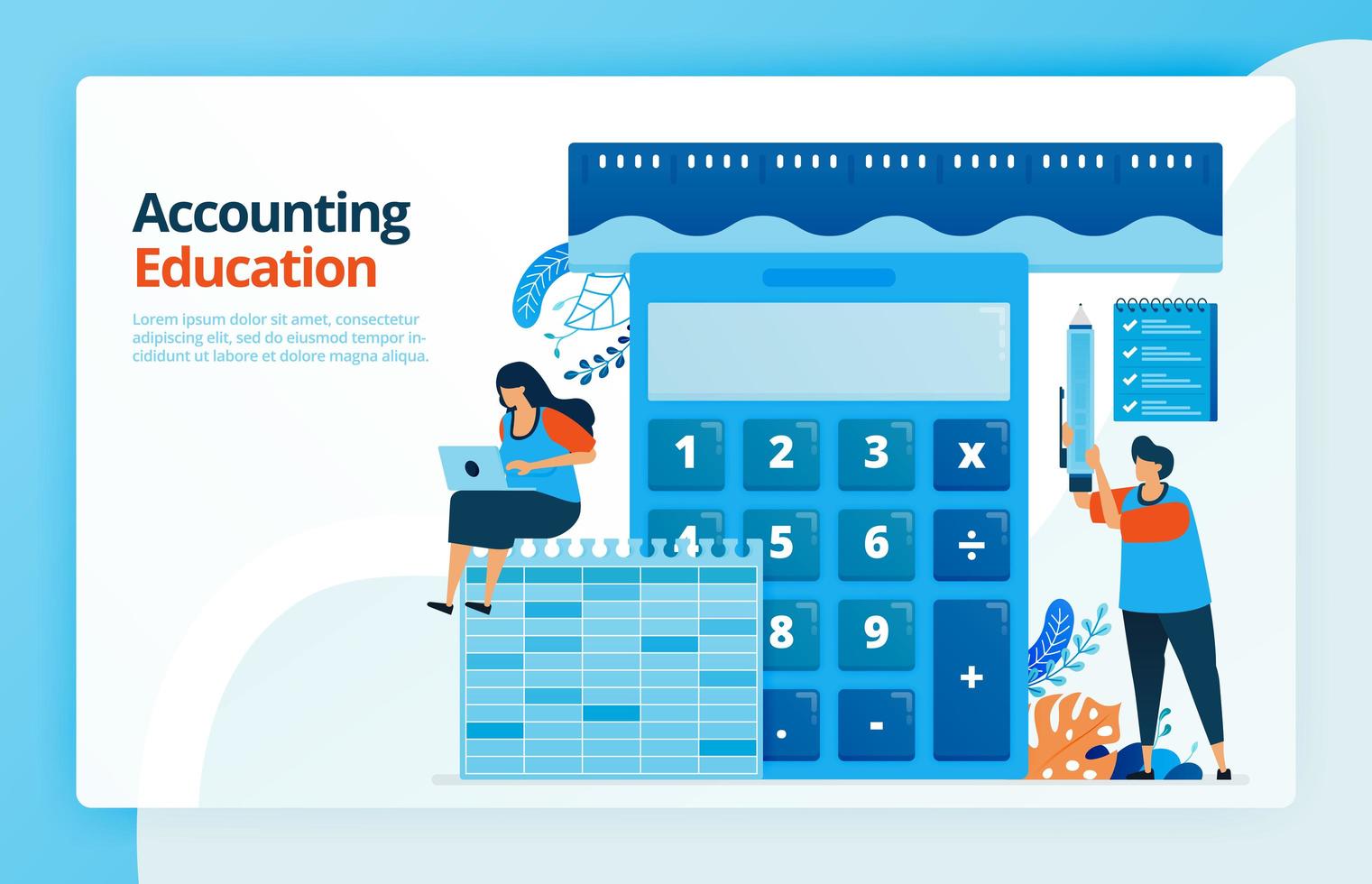 Vector illustration of activities from accounting and measurement education. Calculator for calculation. Ruler to measure finances. Bookkeeping learning. Designed for landing pages, web, mobile apps