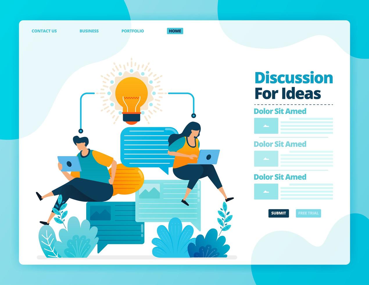 Landing page vector design of discussion for ideas. Design for website, web, banner, mobile apps, poster, brochure, template, billboard, welcome page, promotion, cover, business card, advertisement