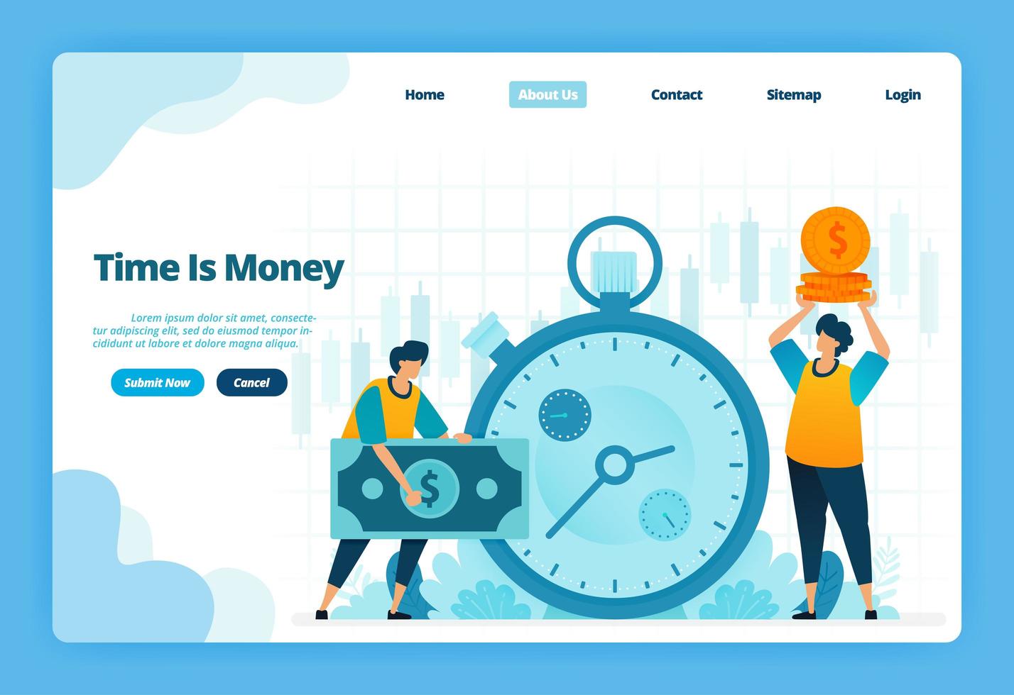 Landing page of time is money. Financial management for financial investment and currency exchange. Illustration of landing page, website, mobile apps, poster, flyer vector