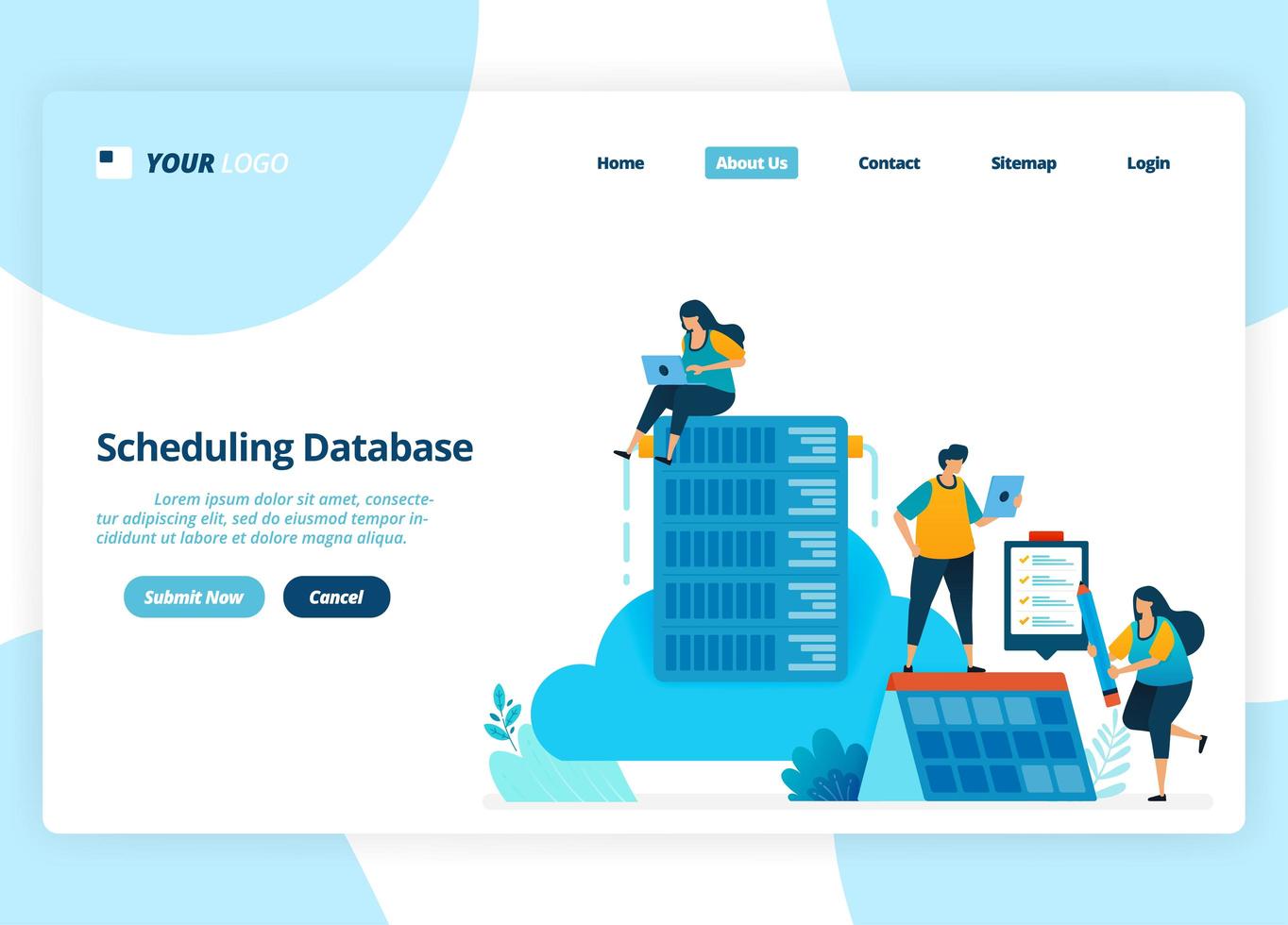 vector landing page design of database scheduling. cloud system management and hosting. illustration of landing page, website, mobile apps, poster, flyer
